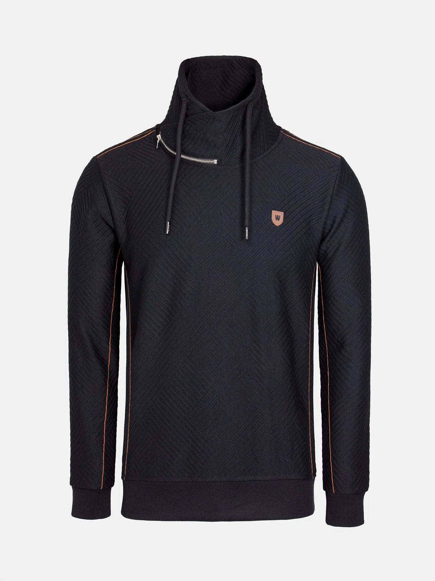 Black high-neck sweater with zipper detail and brown stitching accents – Wam Denim.