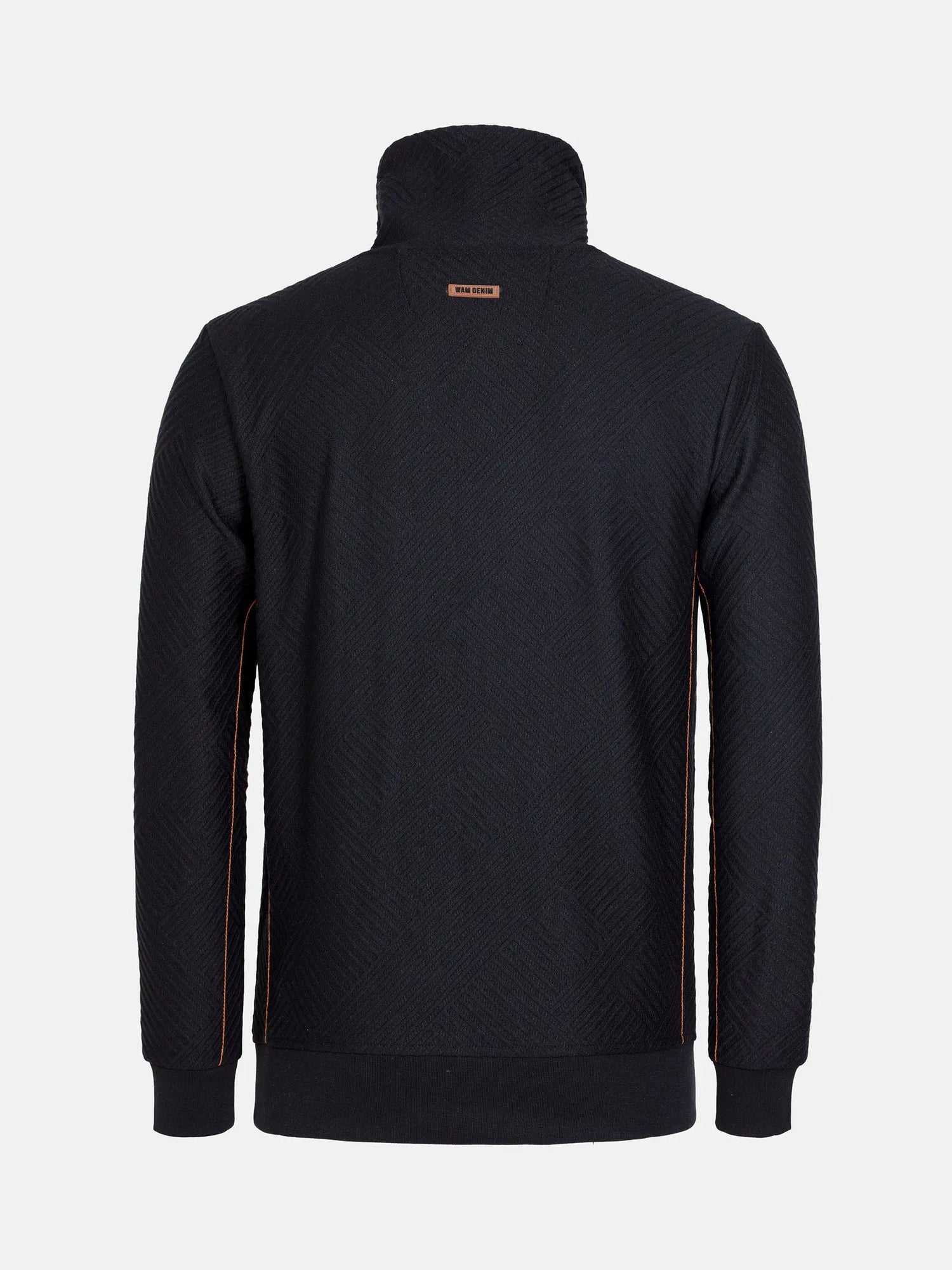 Back view of black textured sweater with brown seam detailing – Wam Denim.