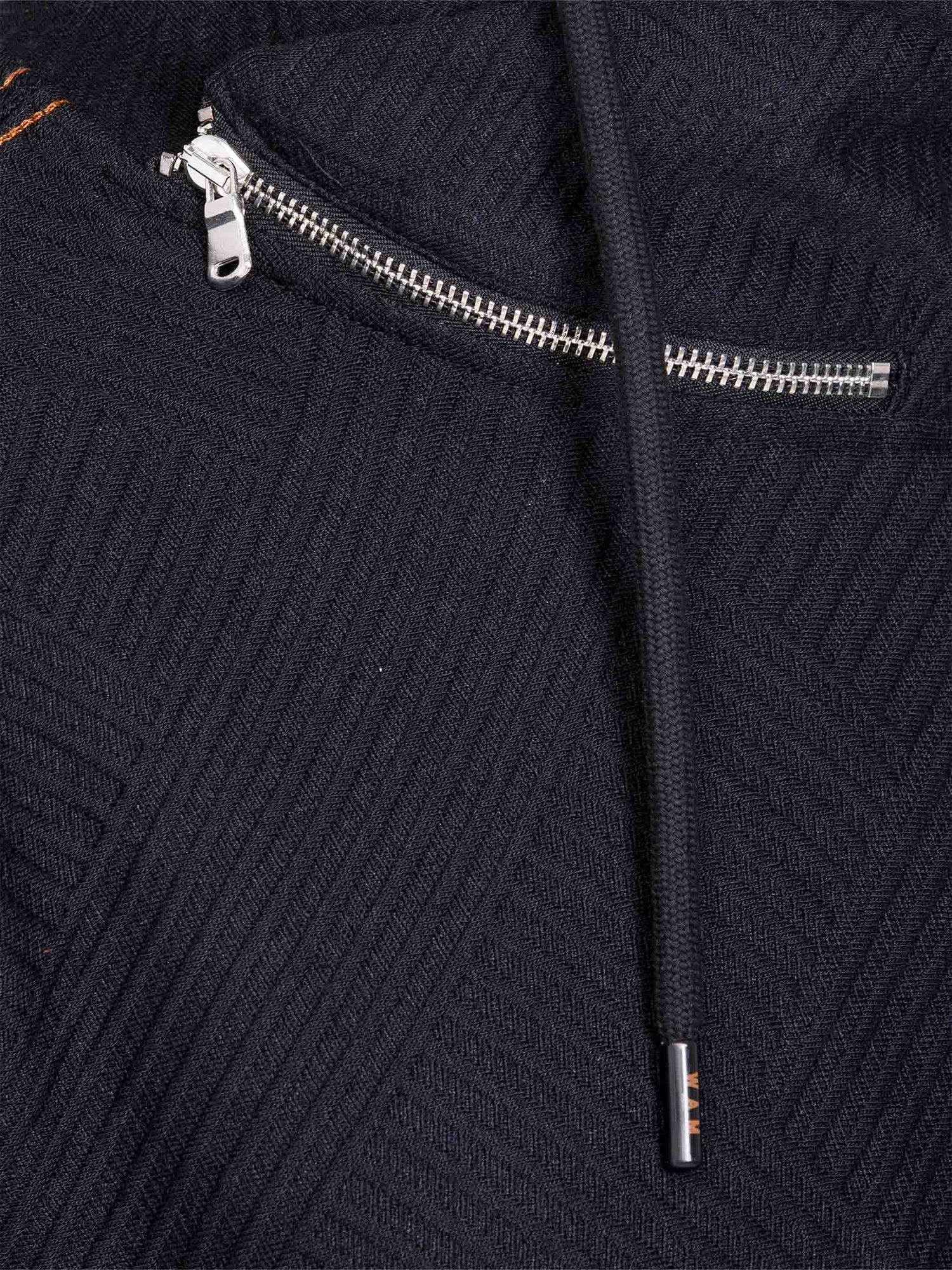 Zipper and drawstring close-up on ribbed black sweater fabric – Wam Denim.