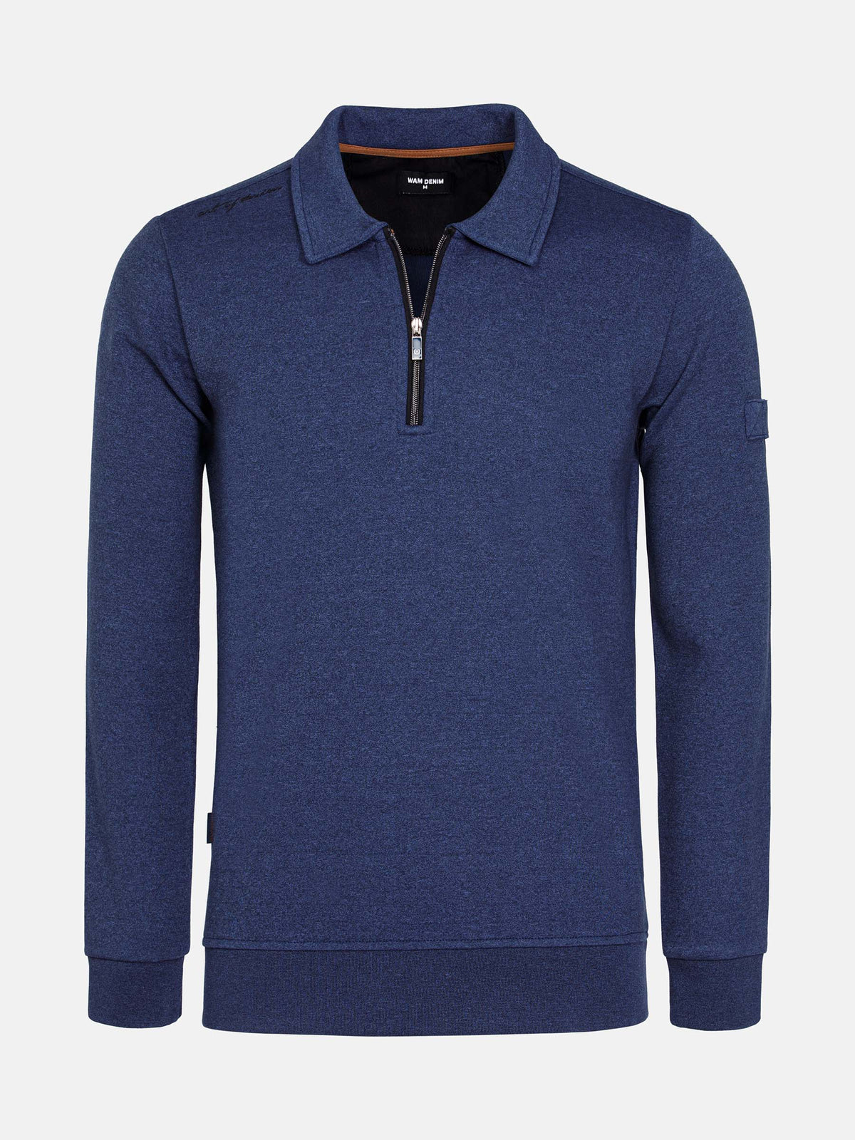 Light indigo quarter-zip sweater with ribbed cuffs and collar detail – Wam Denim.