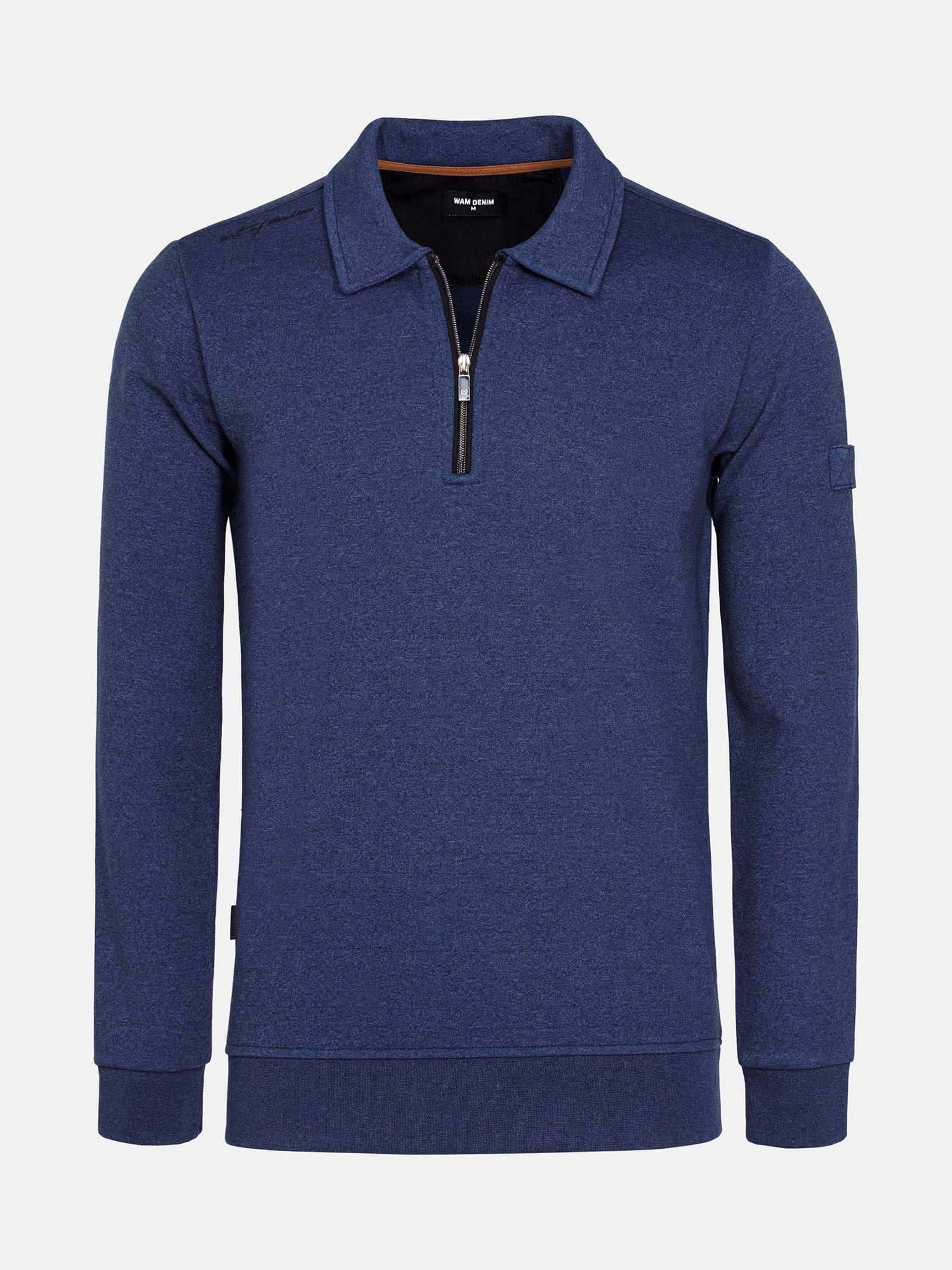Light indigo quarter-zip sweater with ribbed cuffs and collar detail – Wam Denim.