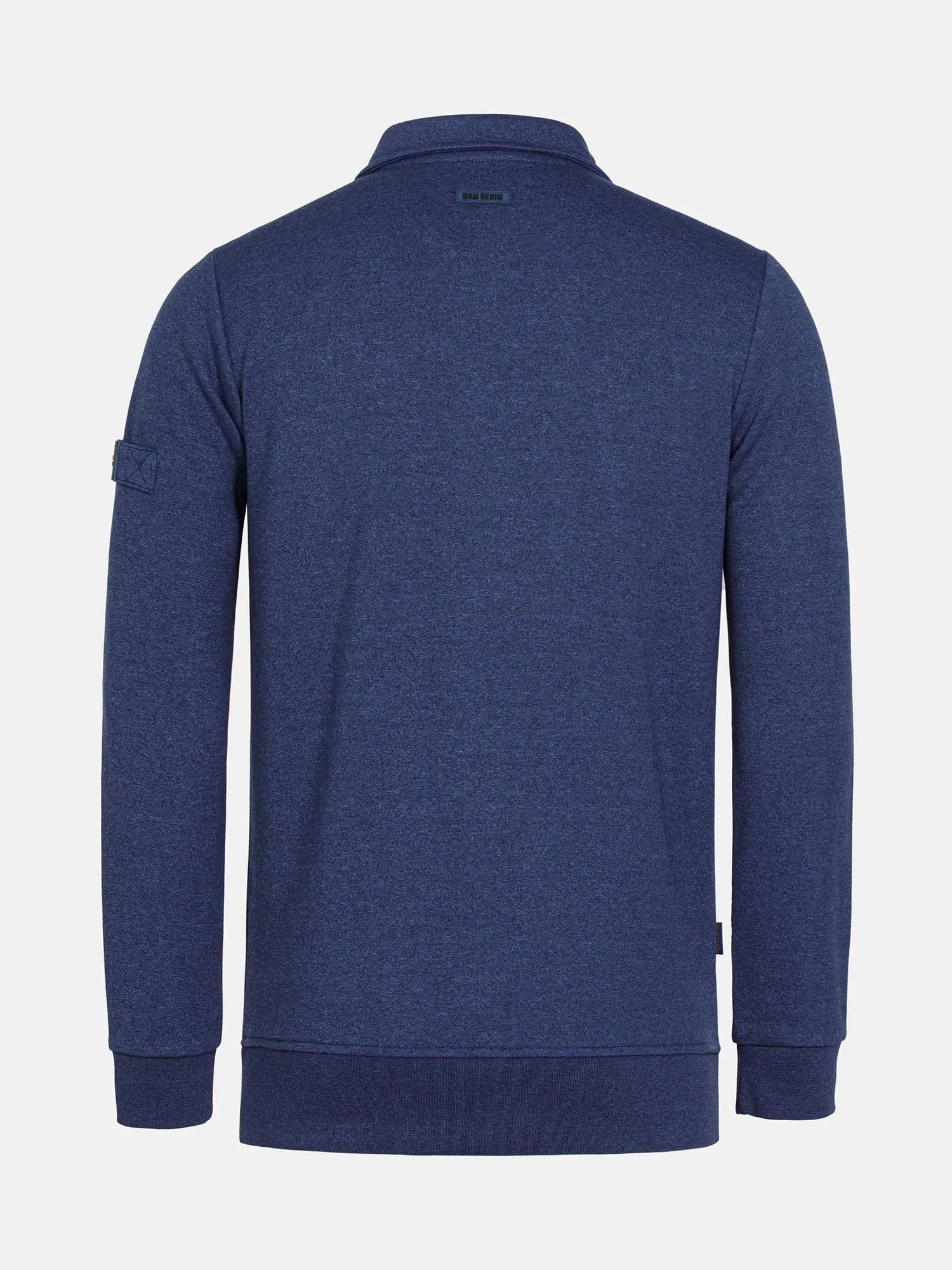 Back view of light indigo quarter-zip sweater with ribbed hem and cuffs – Wam Denim.