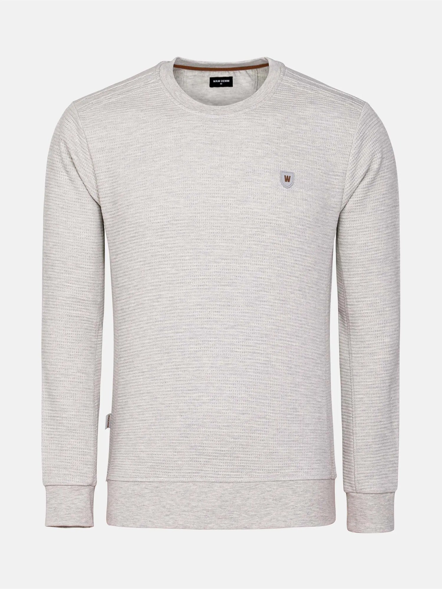 Light grey textured crew neck sweatshirt with chest logo and ribbed cuffs – Wam Denim.