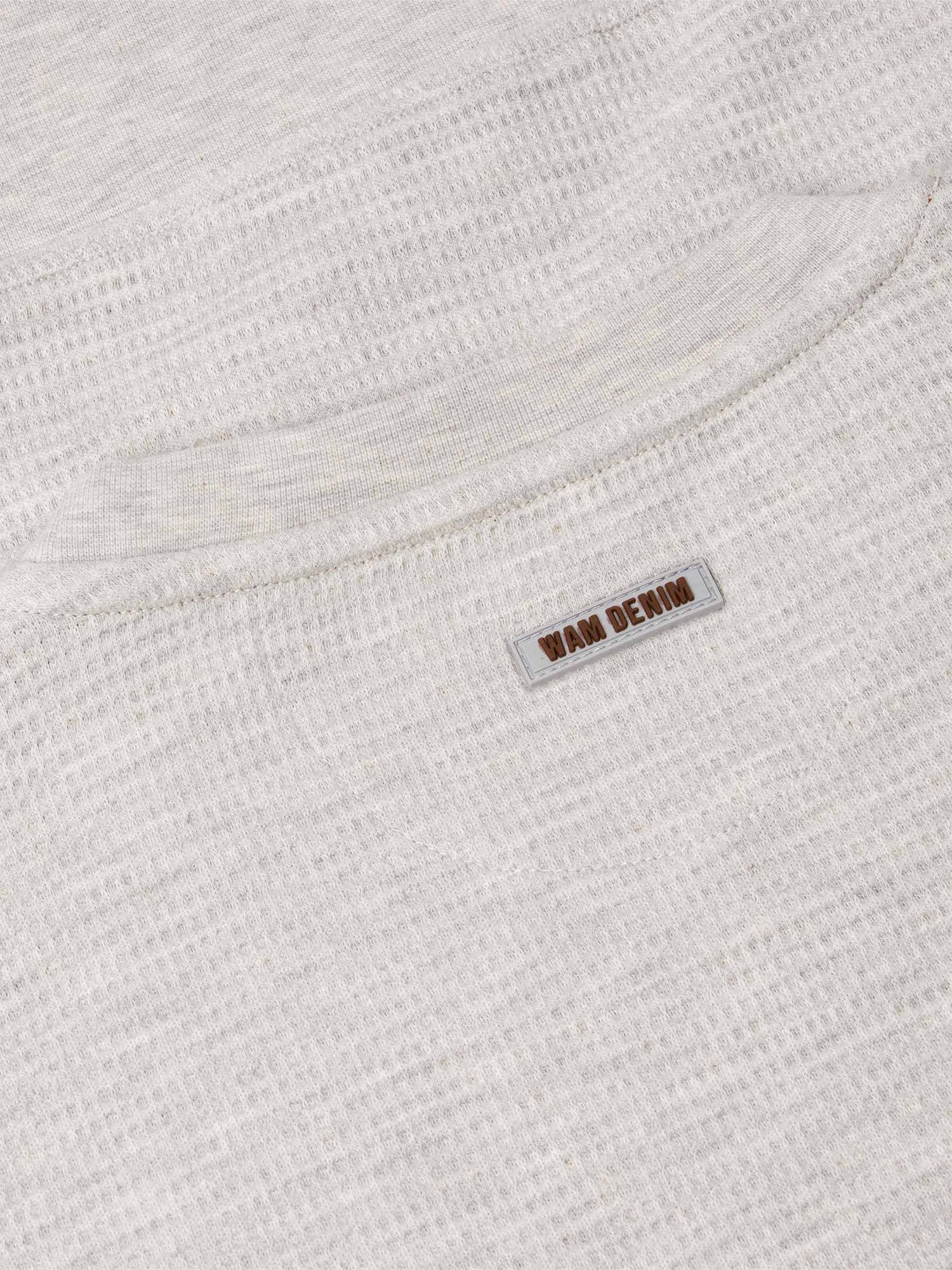 Back neckline detail of light grey textured sweatshirt with Wam Denim logo tag – Wam Denim.