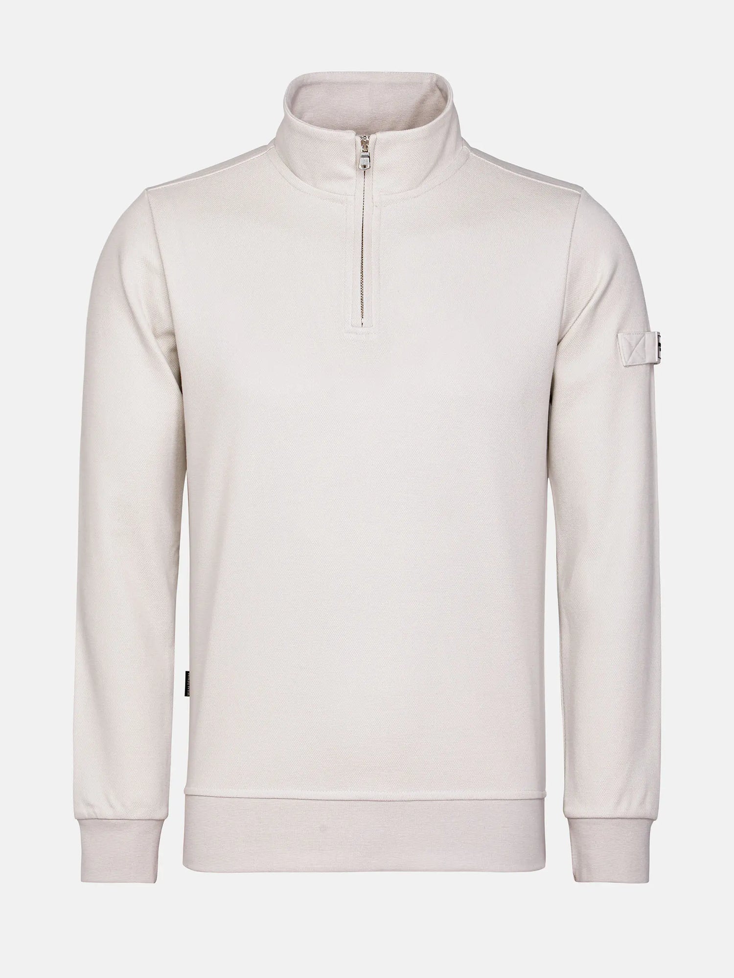 Front view of light beige Milburn Sweater with zipper. – Wam Denim.