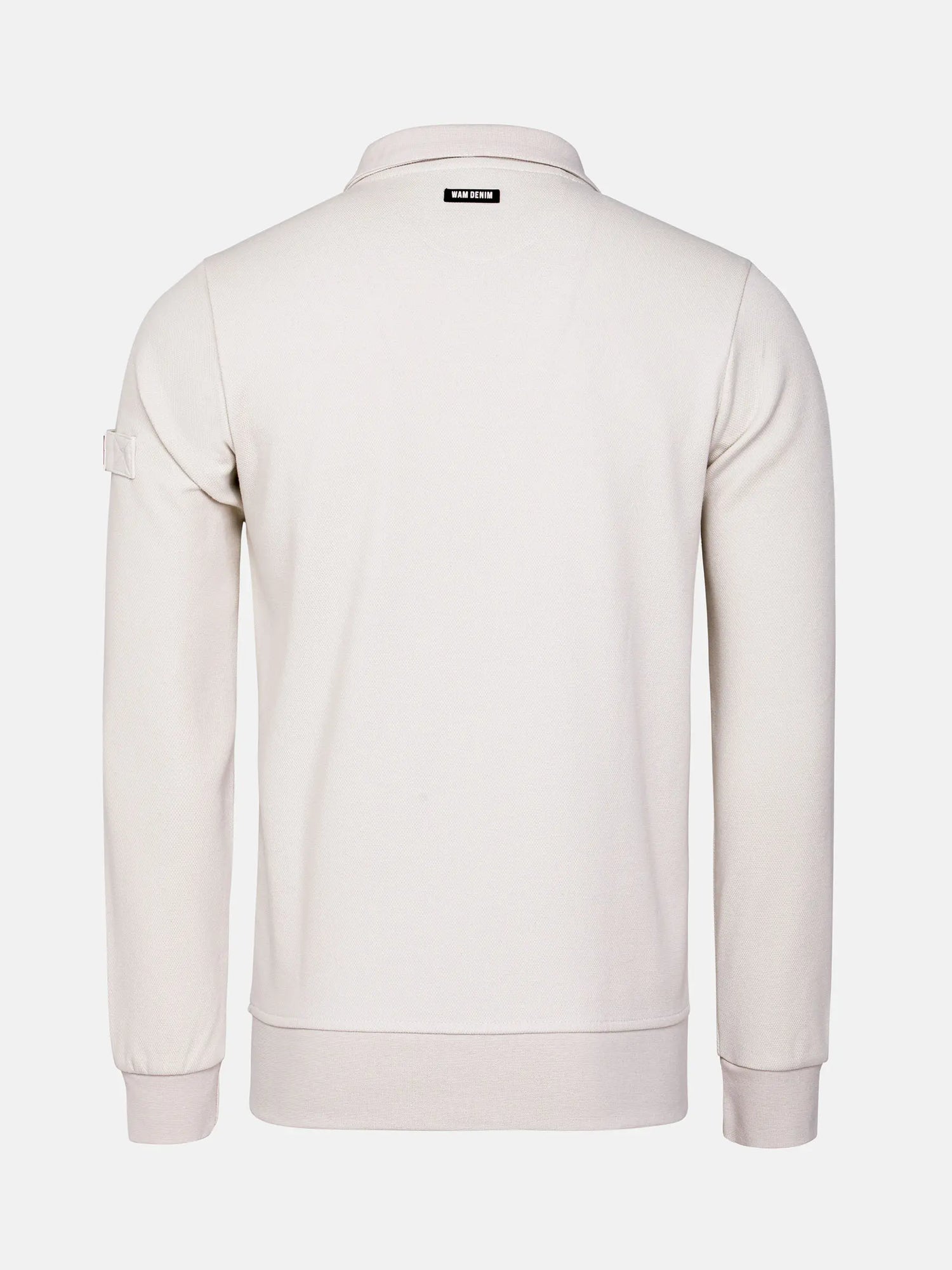 Back view of light beige Milburn Sweater with logo. – Wam Denim.