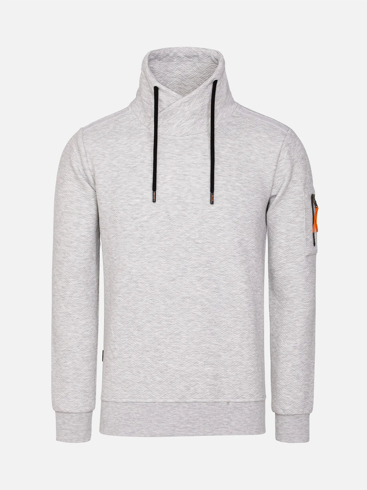 Light grey men’s pullover sweatshirt with high crossover collar, black drawstrings, and sleeve zipper pocket — casual winter knitwear for men. – Wam Denim.
