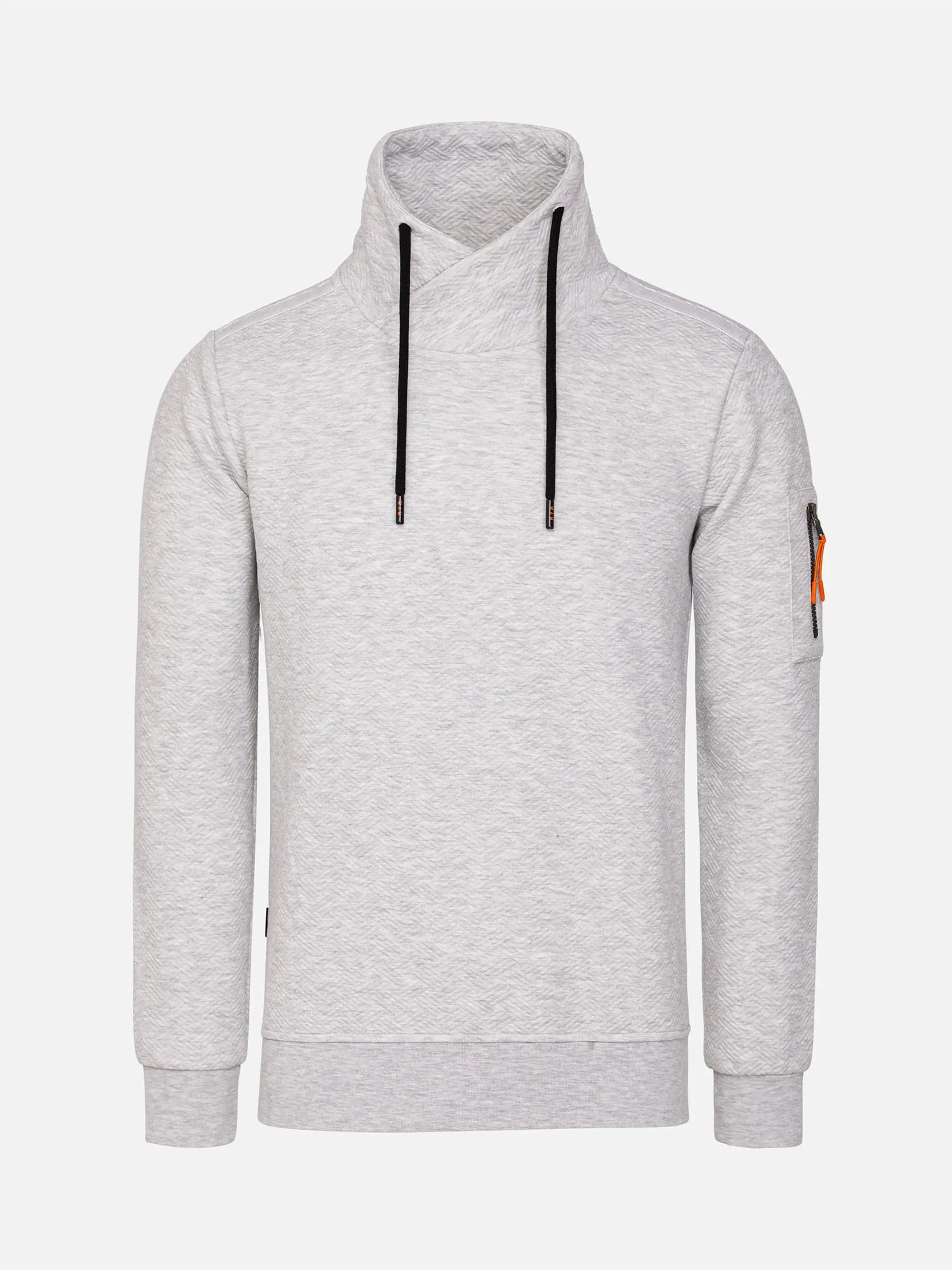 Light grey men’s pullover sweatshirt with high crossover collar, black drawstrings, and sleeve zipper pocket — casual winter knitwear for men. – Wam Denim.