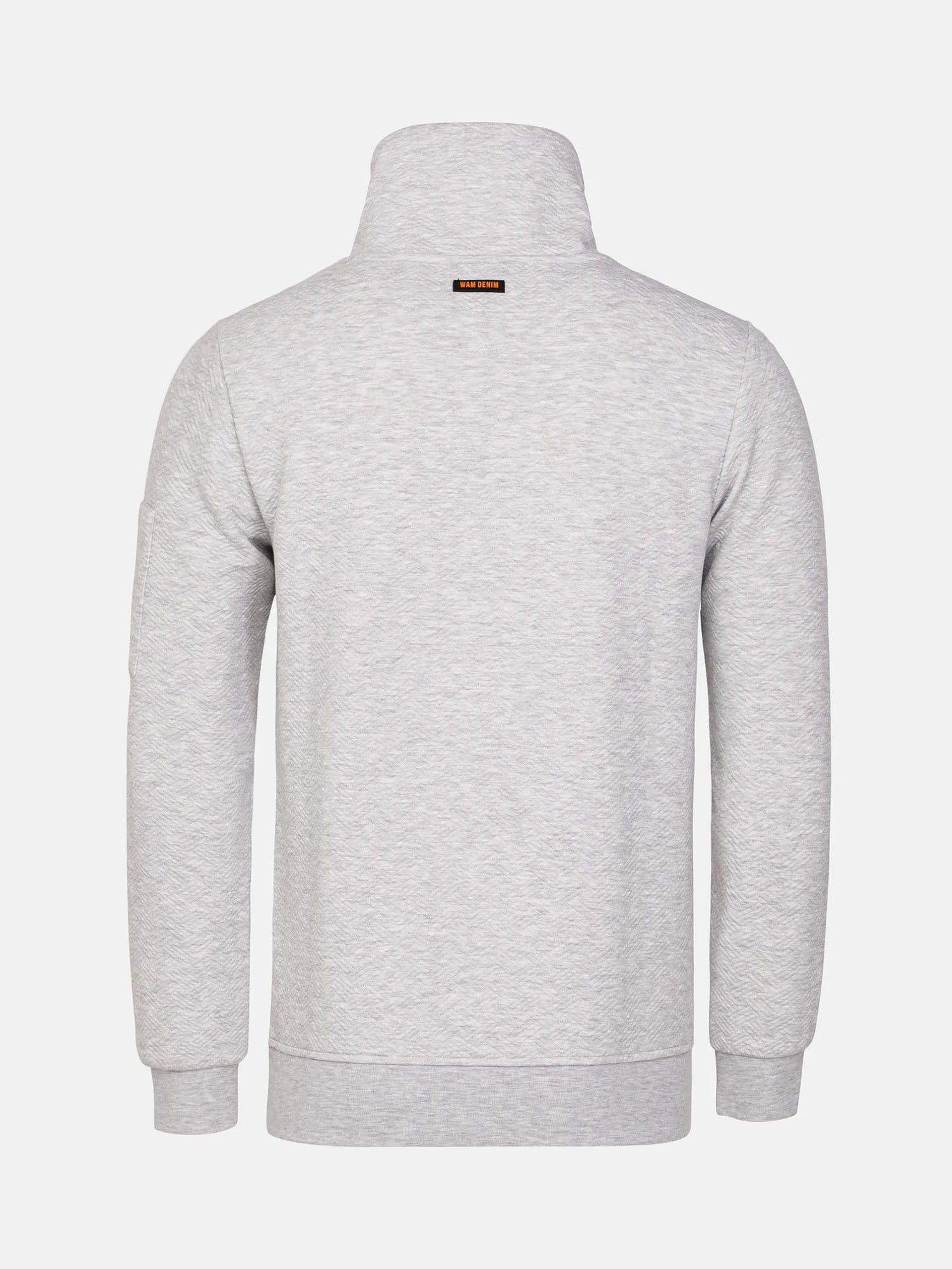 Light grey men’s sweatshirt with high collar and ribbed cuffs, back view – Wam Denim.