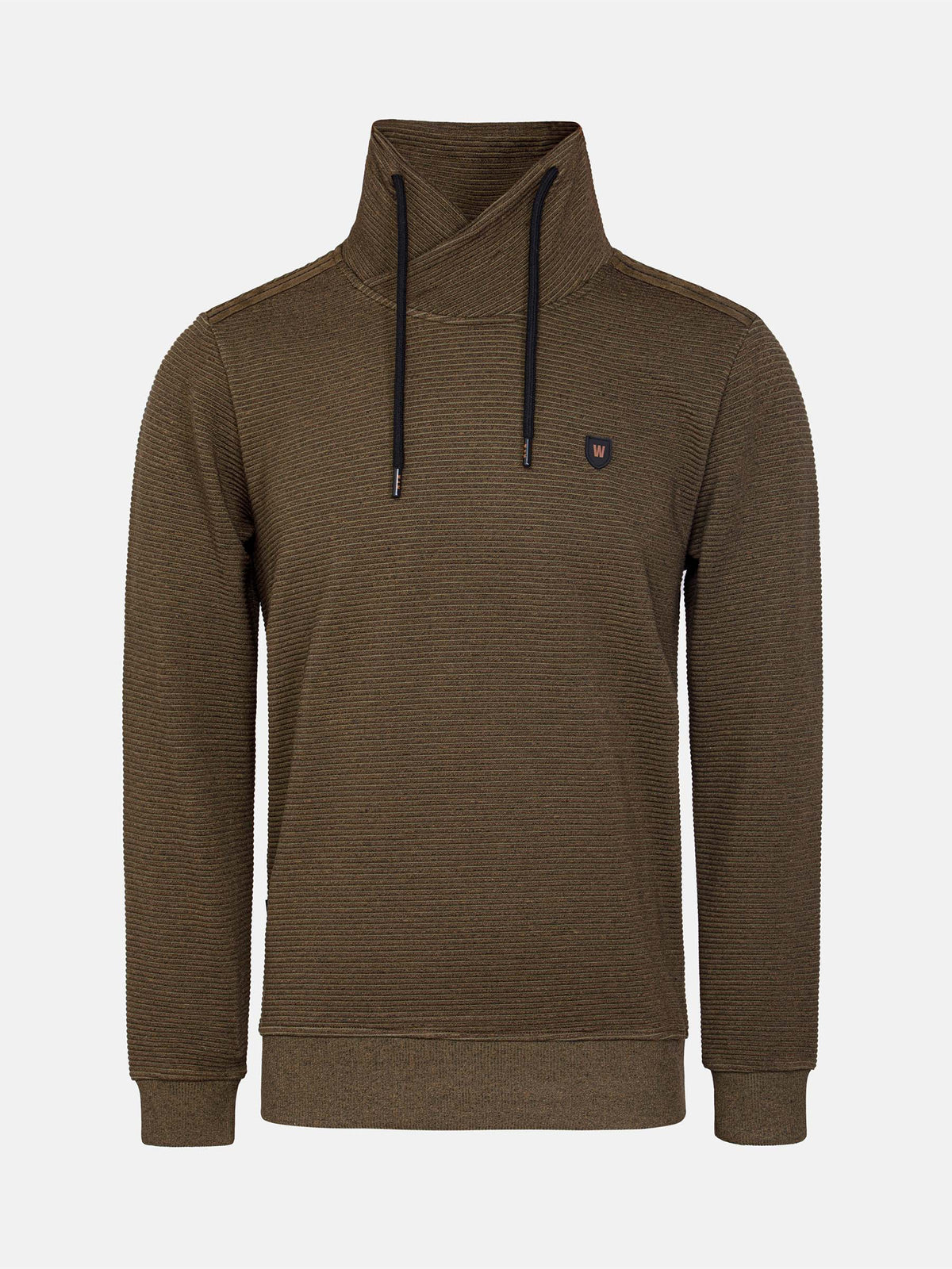 Back view of the men's cowl neck sweater in olive green – Wam Denim.