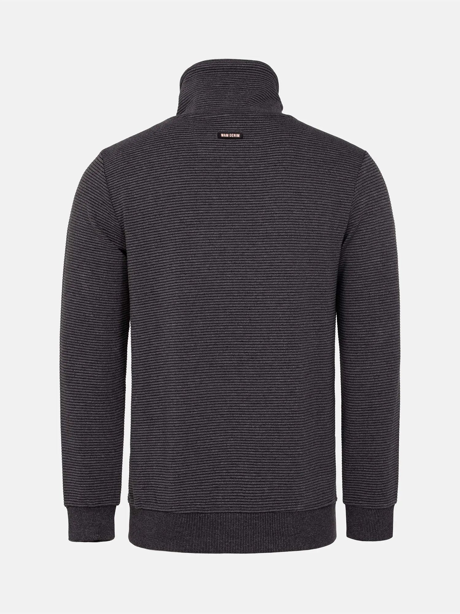 Back view of Anthracite ribbed turtleneck sweater with subtle logo detail on neck – Wam Denim.