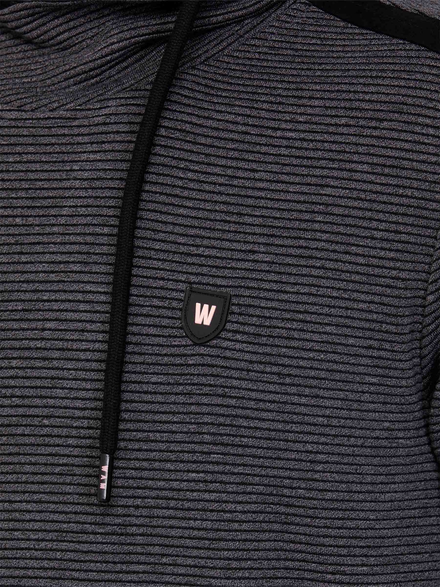 Close-up of ribbed Anthracite sweater with drawstrings and chest logo detail – Wam Denim.