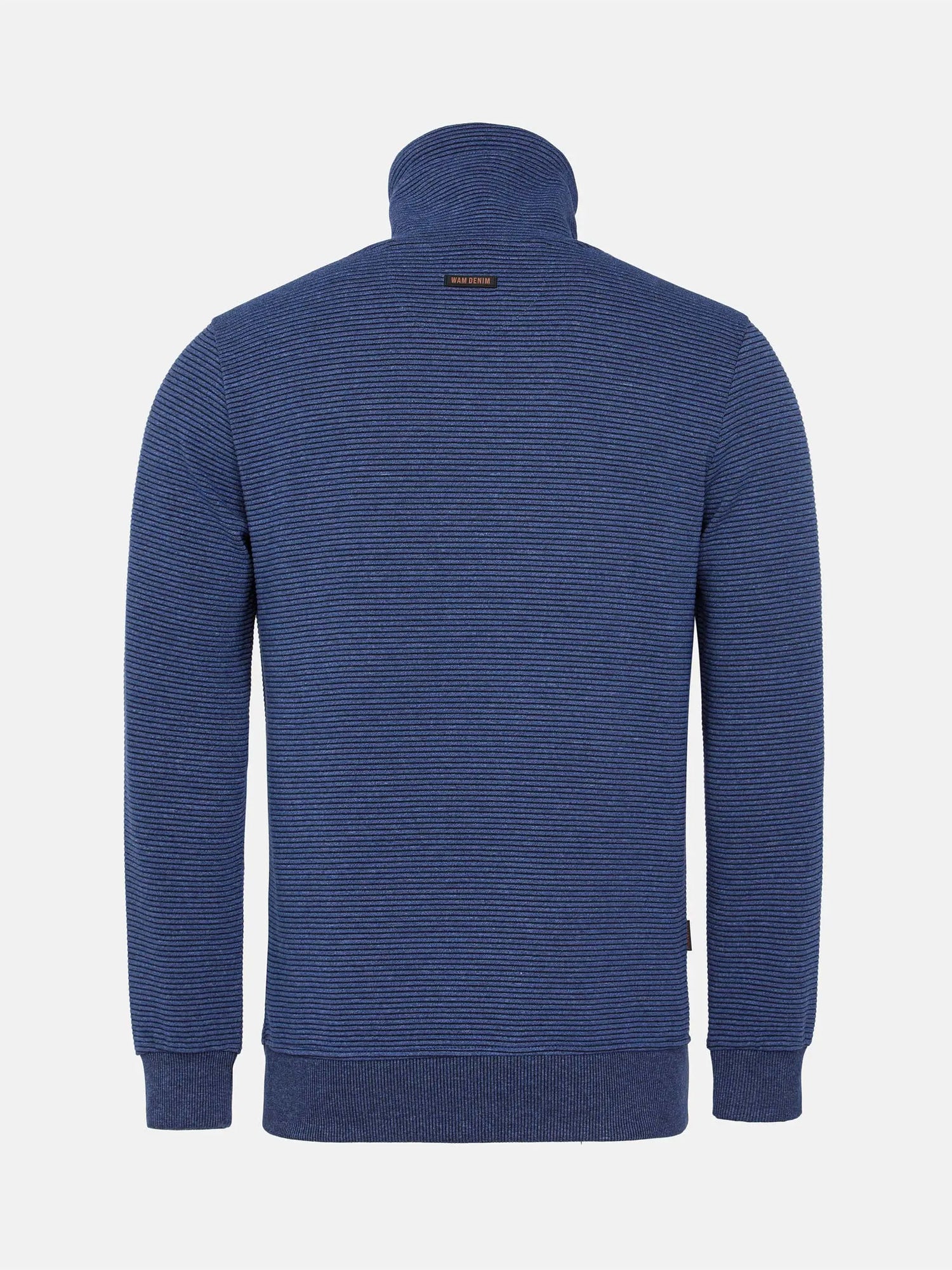Back view of a blue stripe men's cowl neck sweater – Wam Denim.