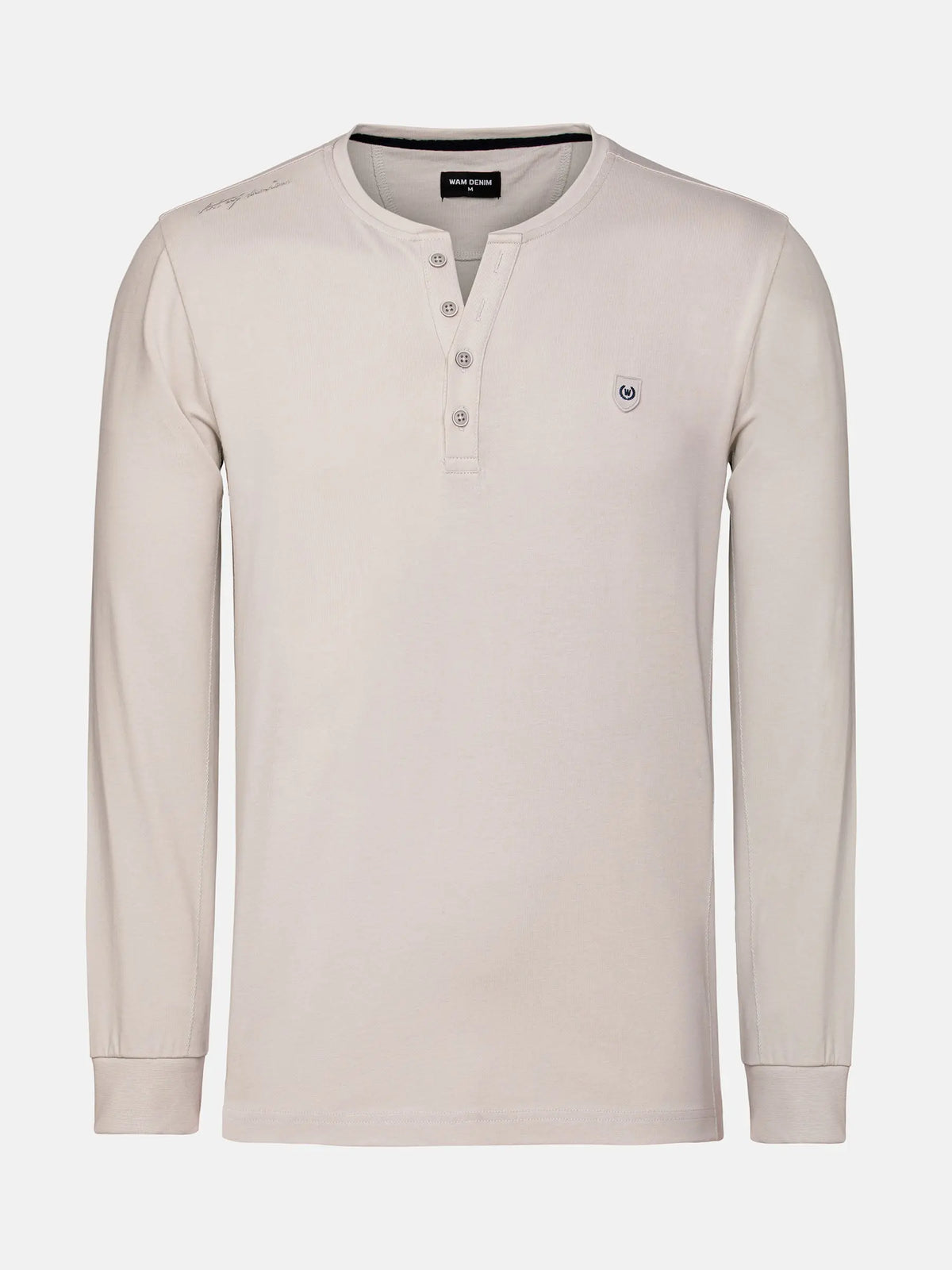 The Fervor Light Beige Sweater, long-sleeve Henley with buttoned neckline and chest logo – Wam Denim.