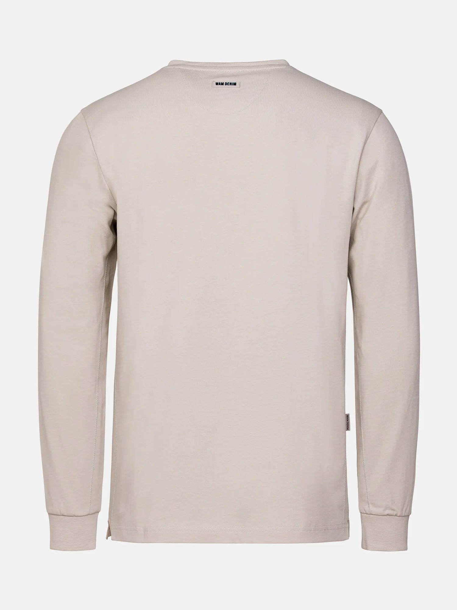 Back view of The Fervor Light Beige Sweater showing plain design and ribbed cuffs – Wam Denim.
