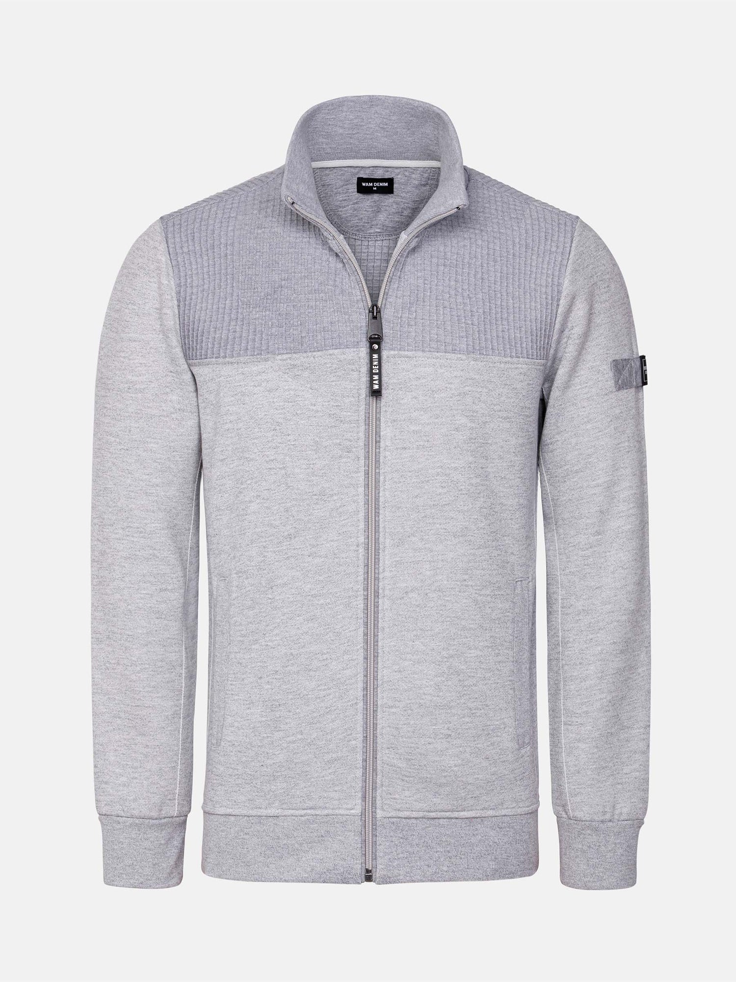 The Fletcher Light Grey Vest, full-zip sweater with ribbed upper design and stand collar – Wam Denim.