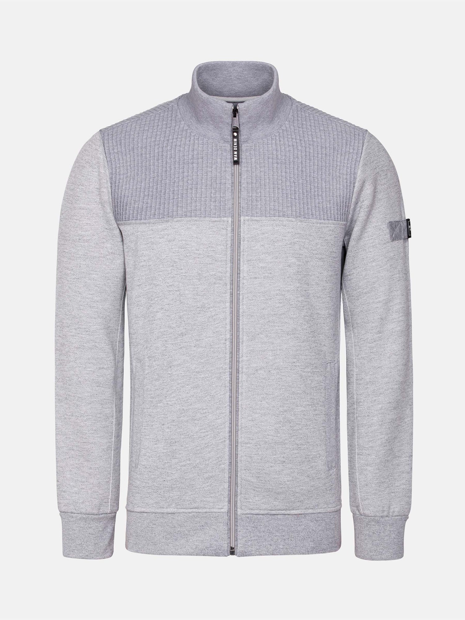 The Fletcher Light Grey Vest, front view with full zipper and ribbed textured shoulders – Wam Denim.