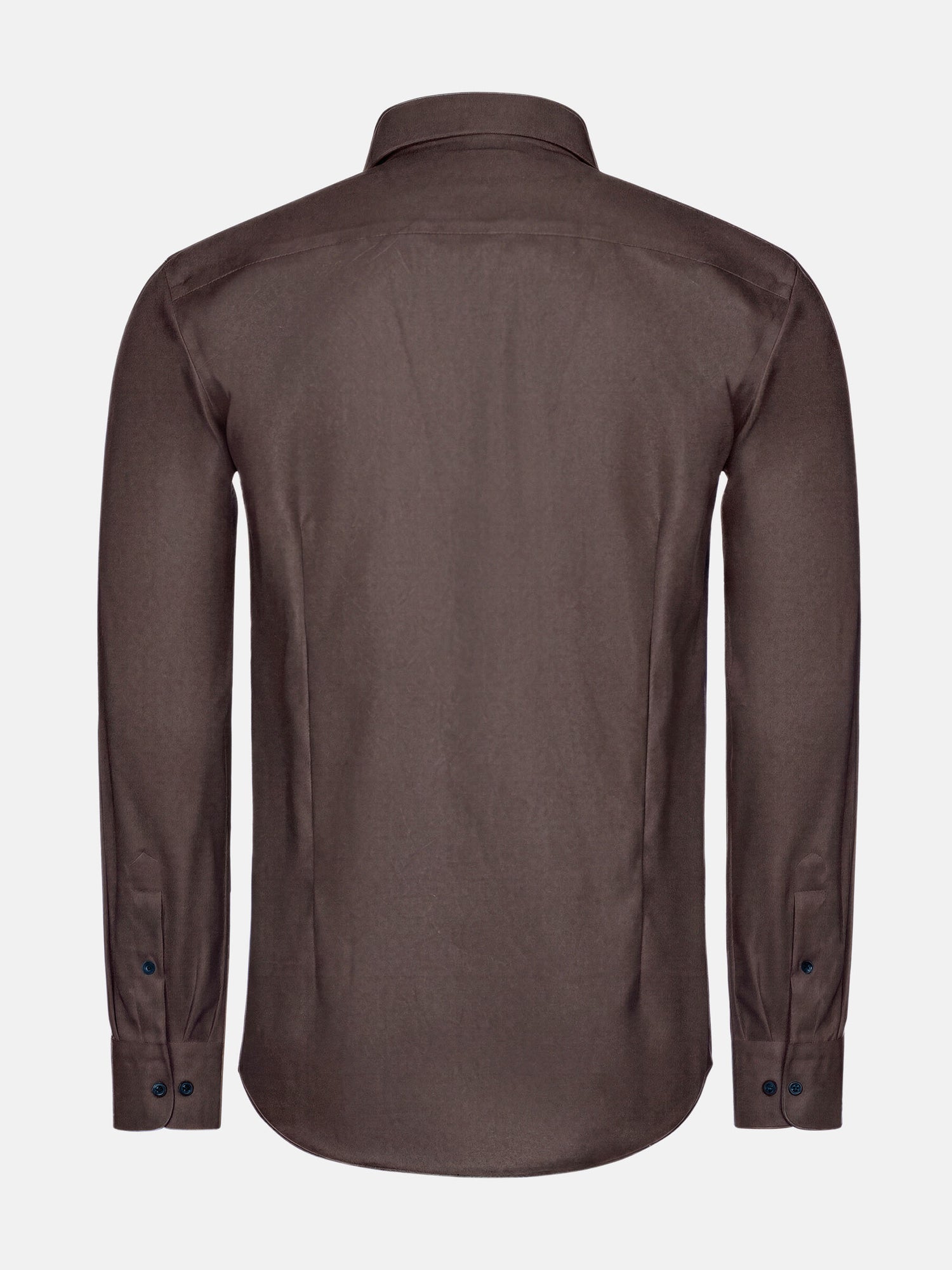 Back view of men’s light brown button-down shirt with long sleeves and clean finish.