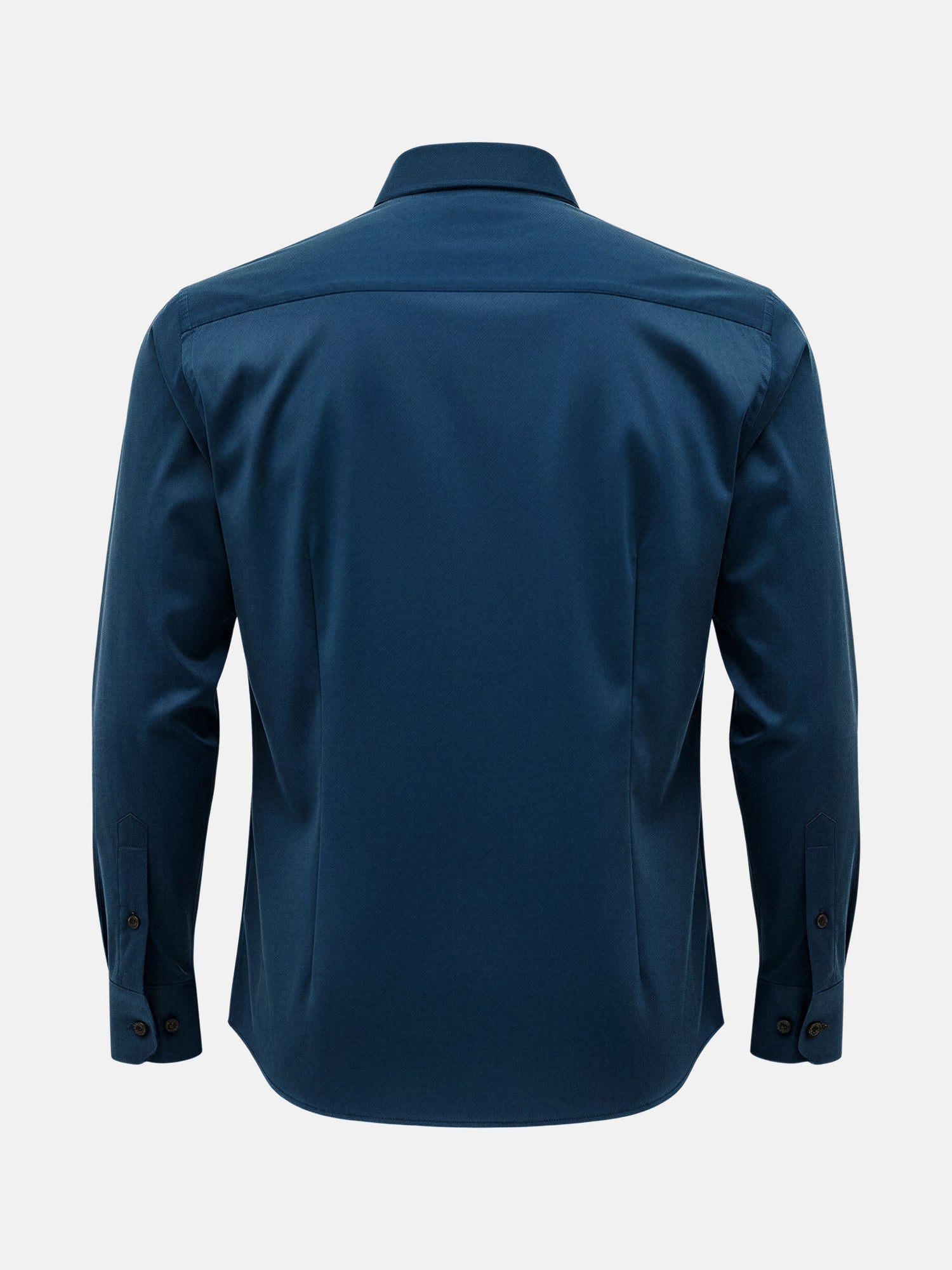 Back view of petrol blue men’s shirt with tailored fit and long sleeves.