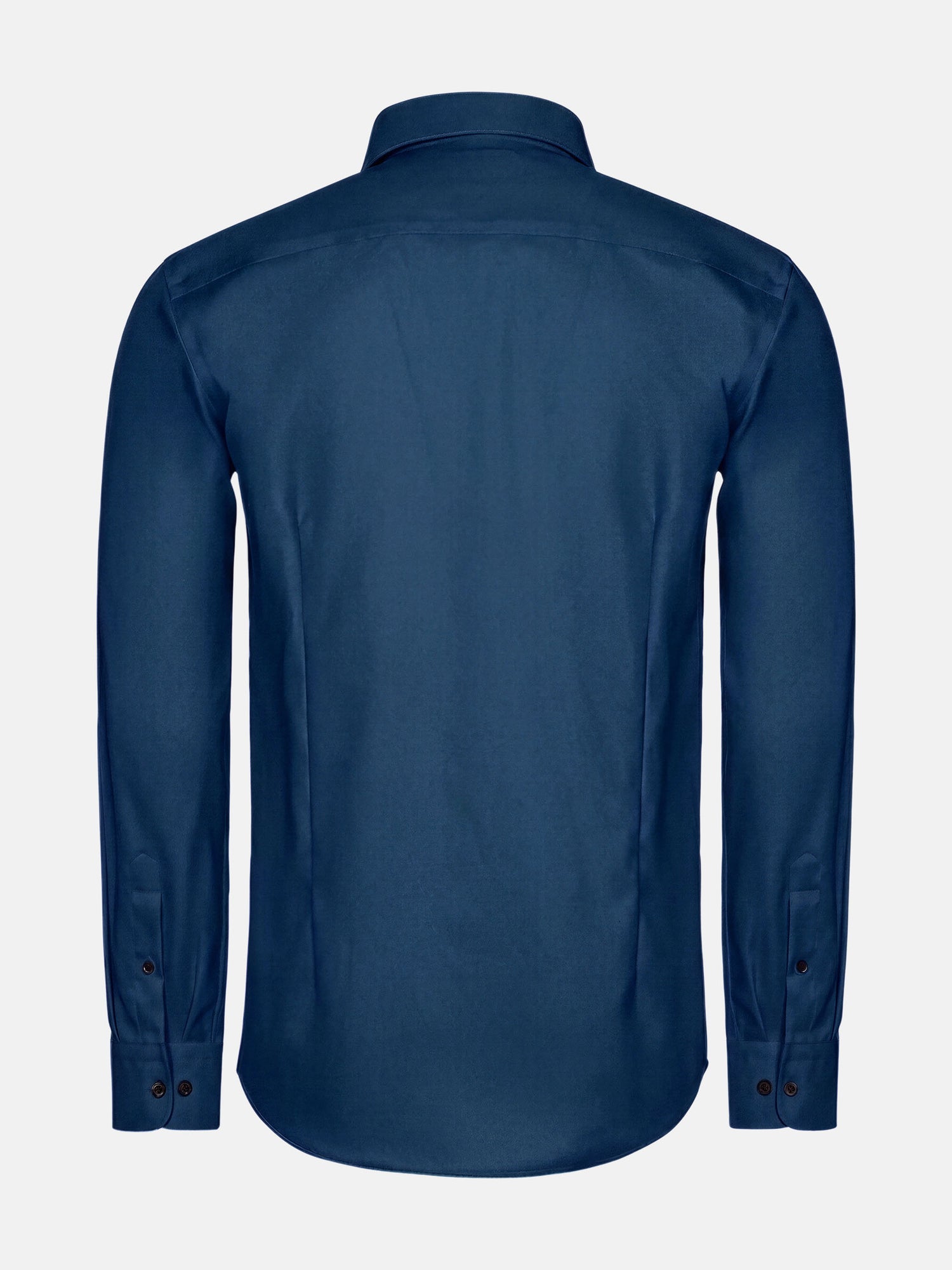 Back view of petrol blue men’s shirt with tailored fit and long sleeves.