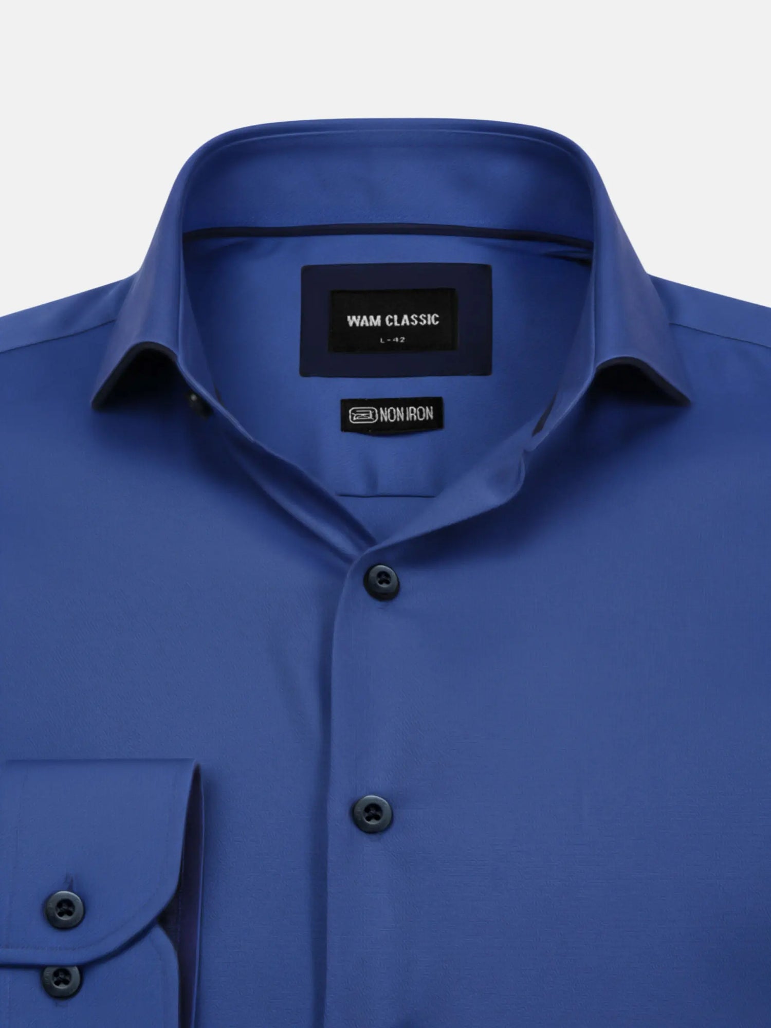 Close-up detail of a royal blue dress shirt collar and buttons for product display.