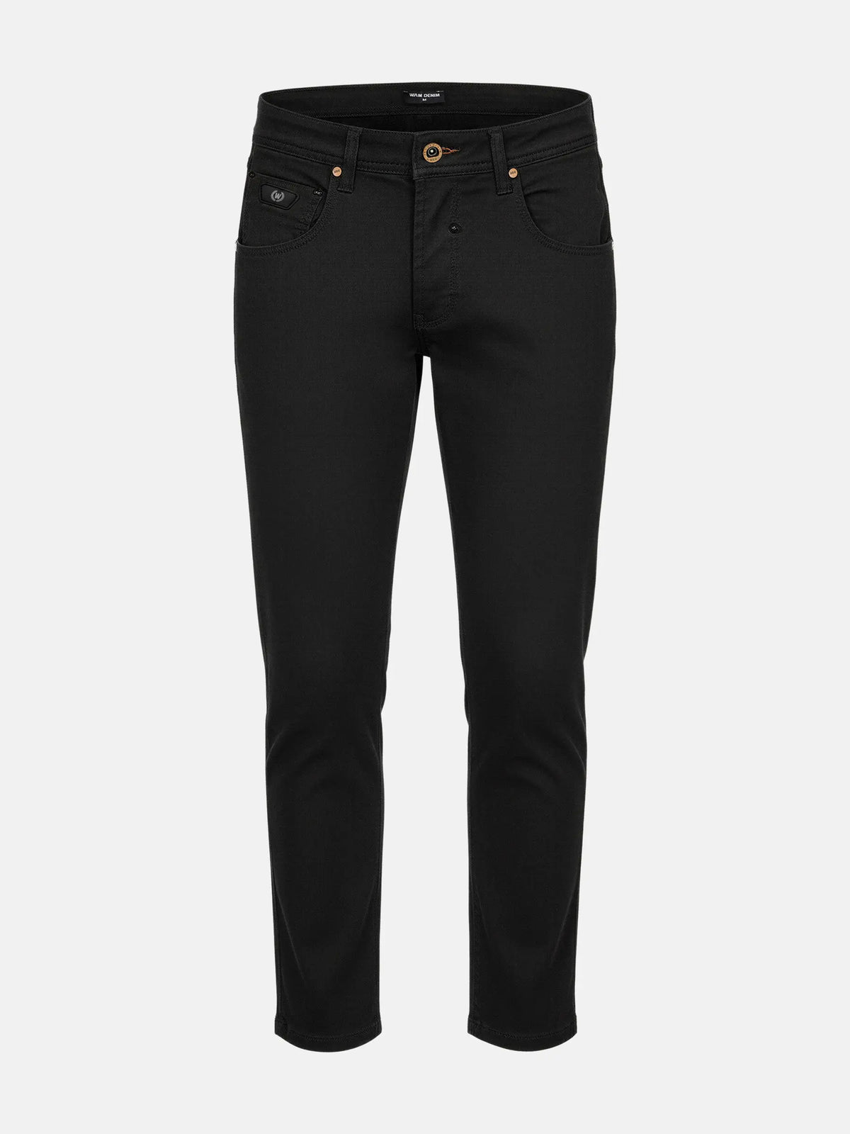Black slim-fit men’s jeans with front pockets and button closure, stylish denim look.