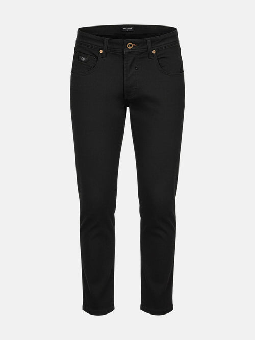 Black slim-fit men’s jeans with front pockets and button closure, stylish denim look.
