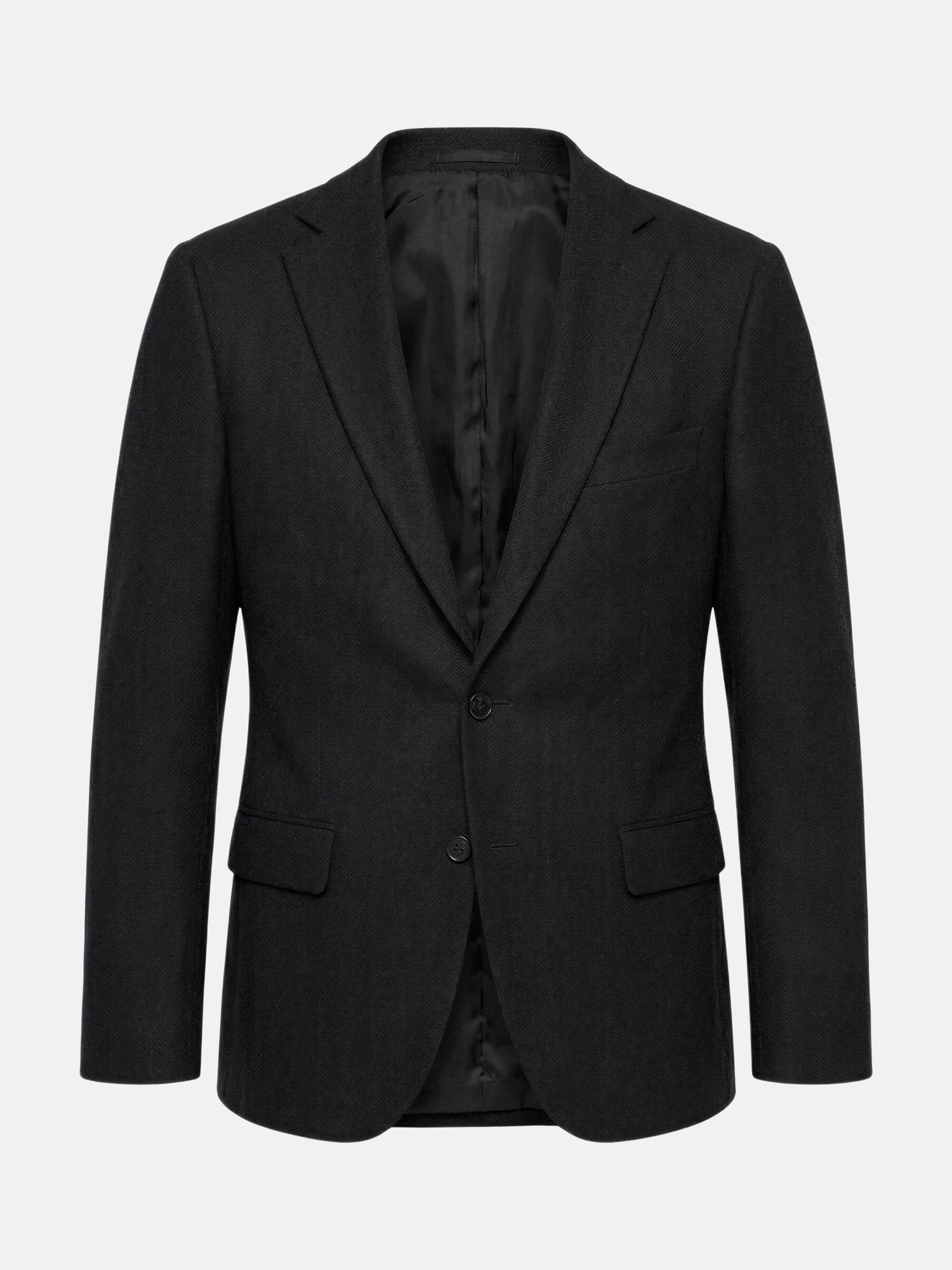 Slim fit black blazer with notch lapel and two-button closure.