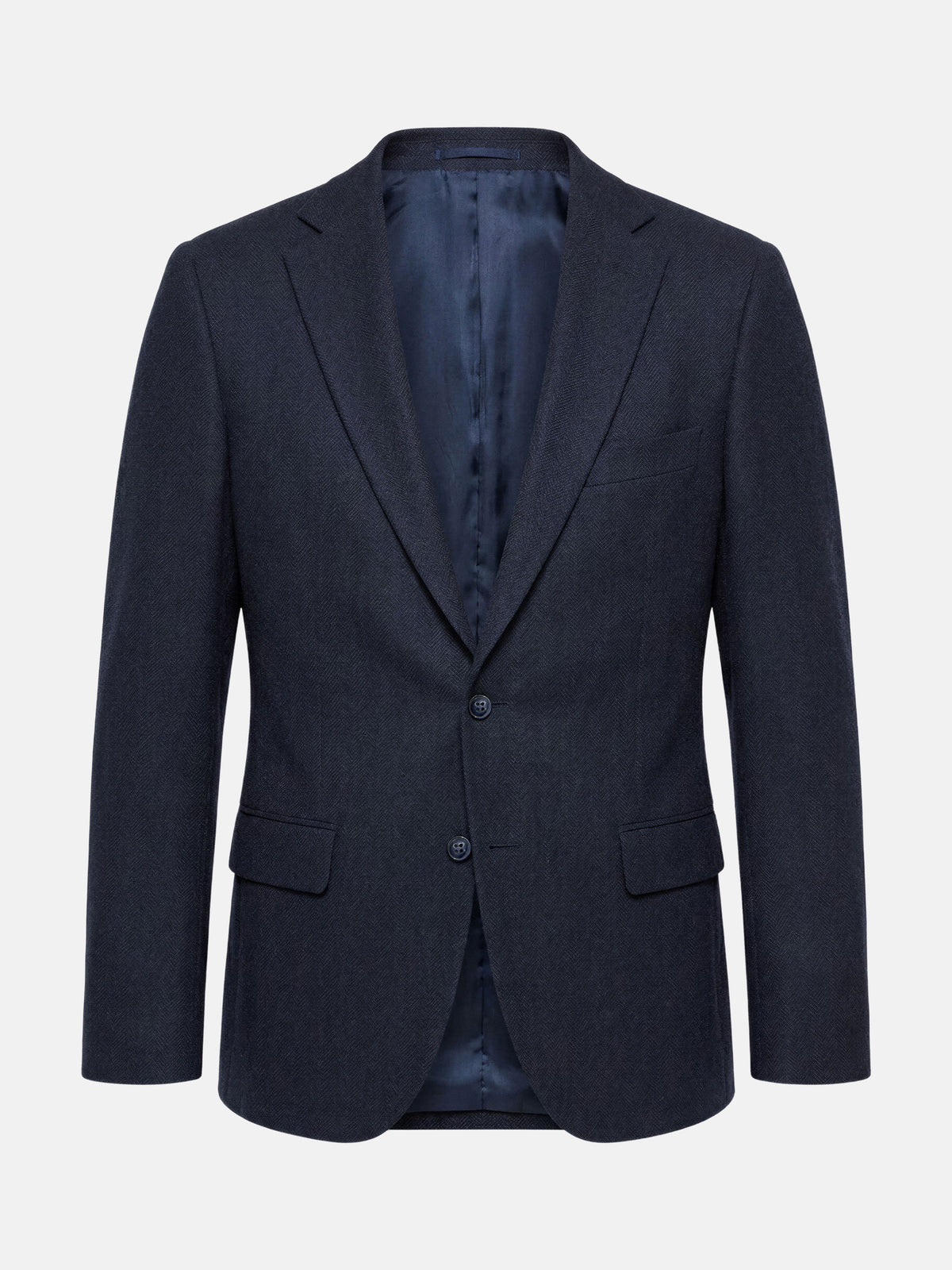 Slim fit navy men’s blazer with notched lapel and two-button closure.