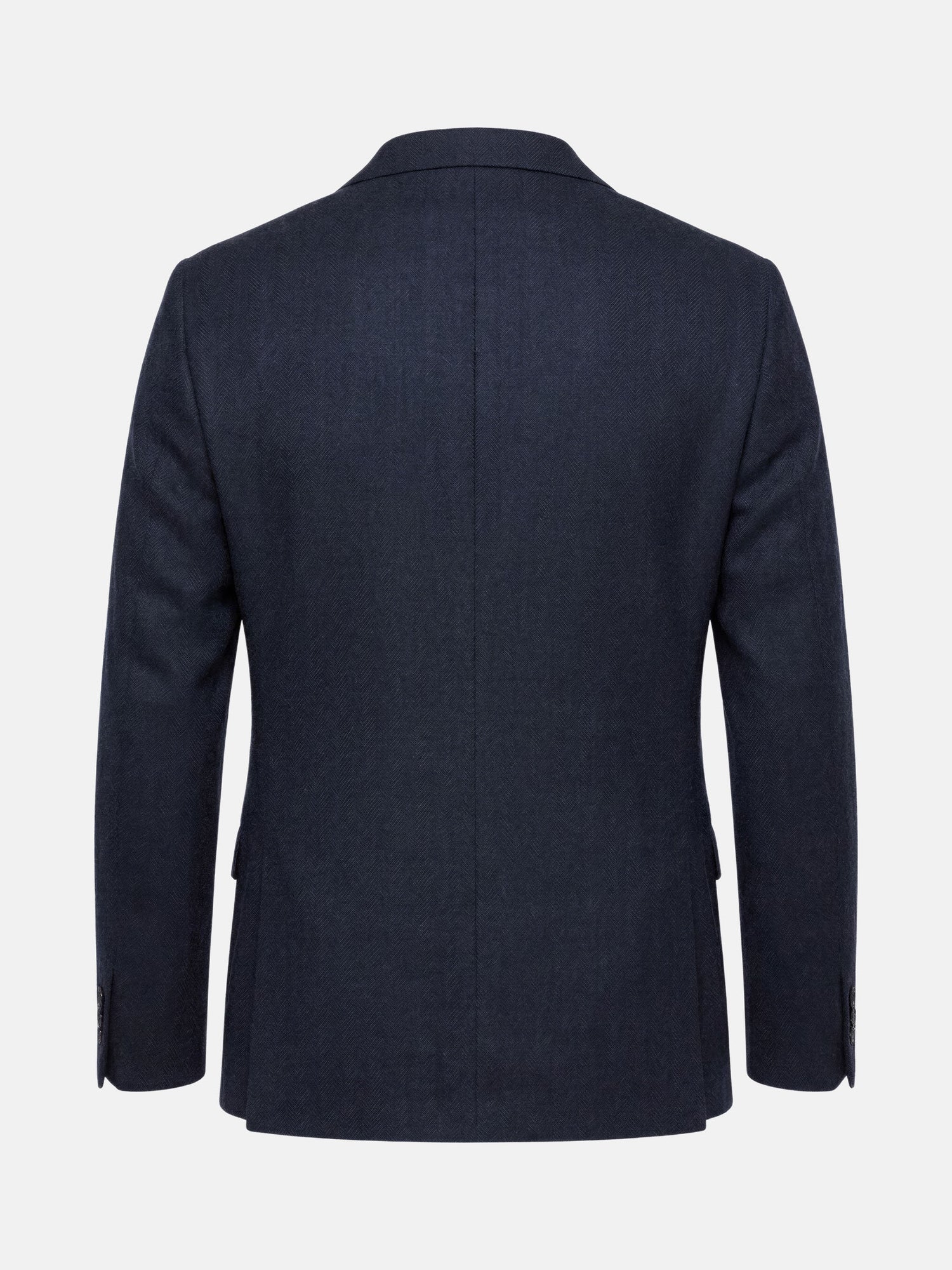 Back view of slim fit navy men’s blazer with tailored silhouette.