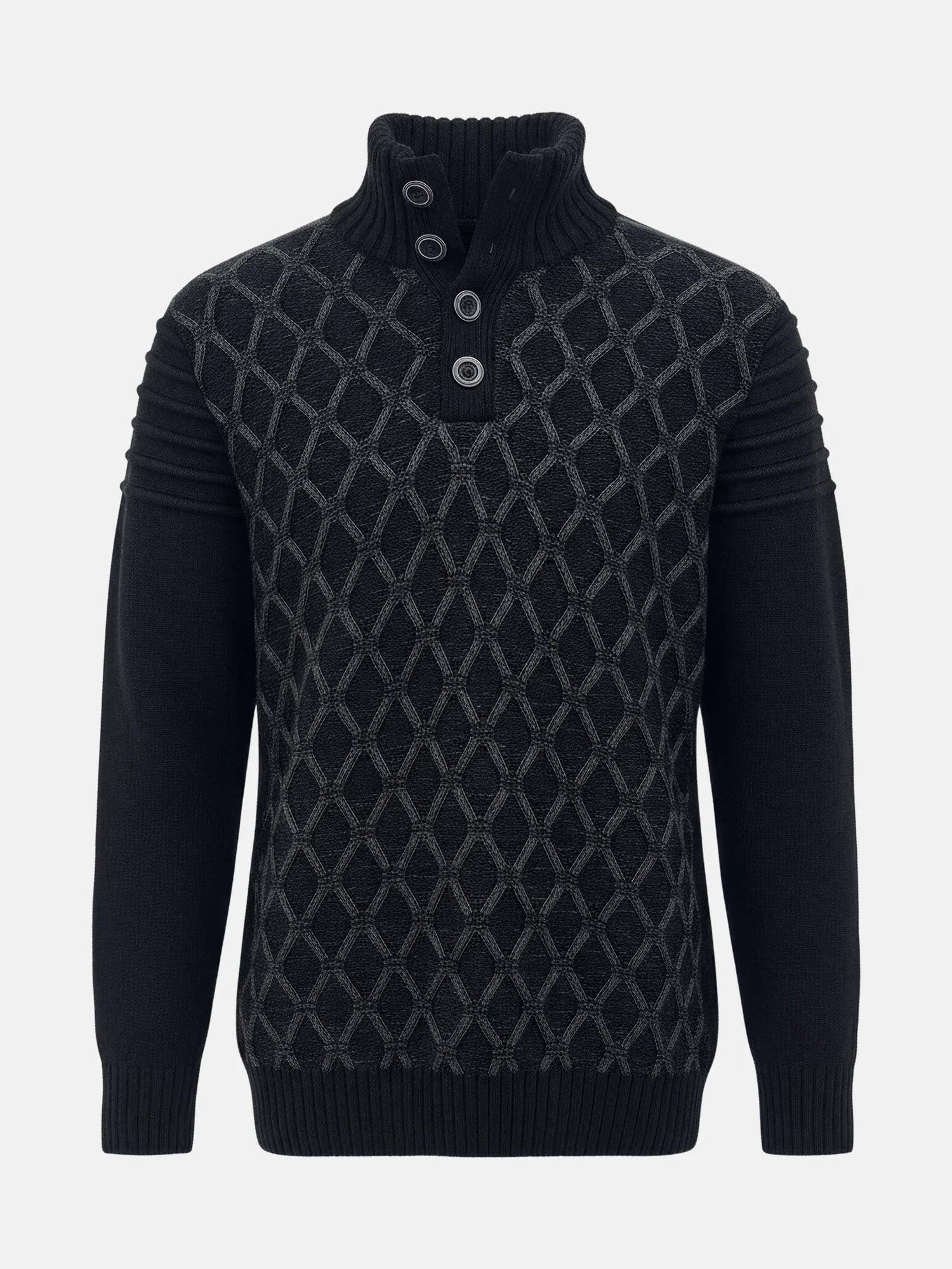 Anthracite men’s knit sweater with textured geometric pattern and high button-neck design.