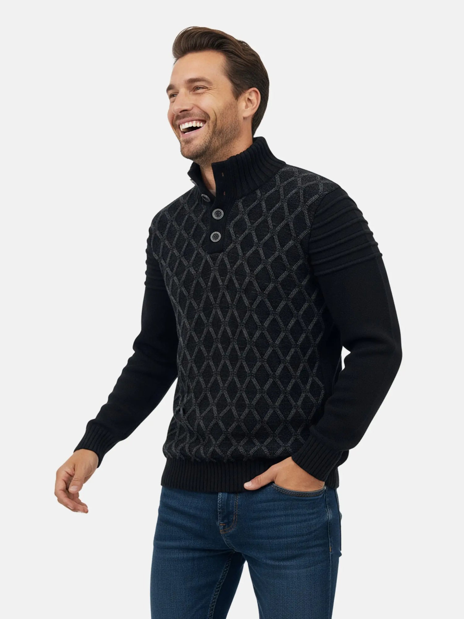 Close-up view of a man wearing an anthracite knit sweater with geometric textured pattern.