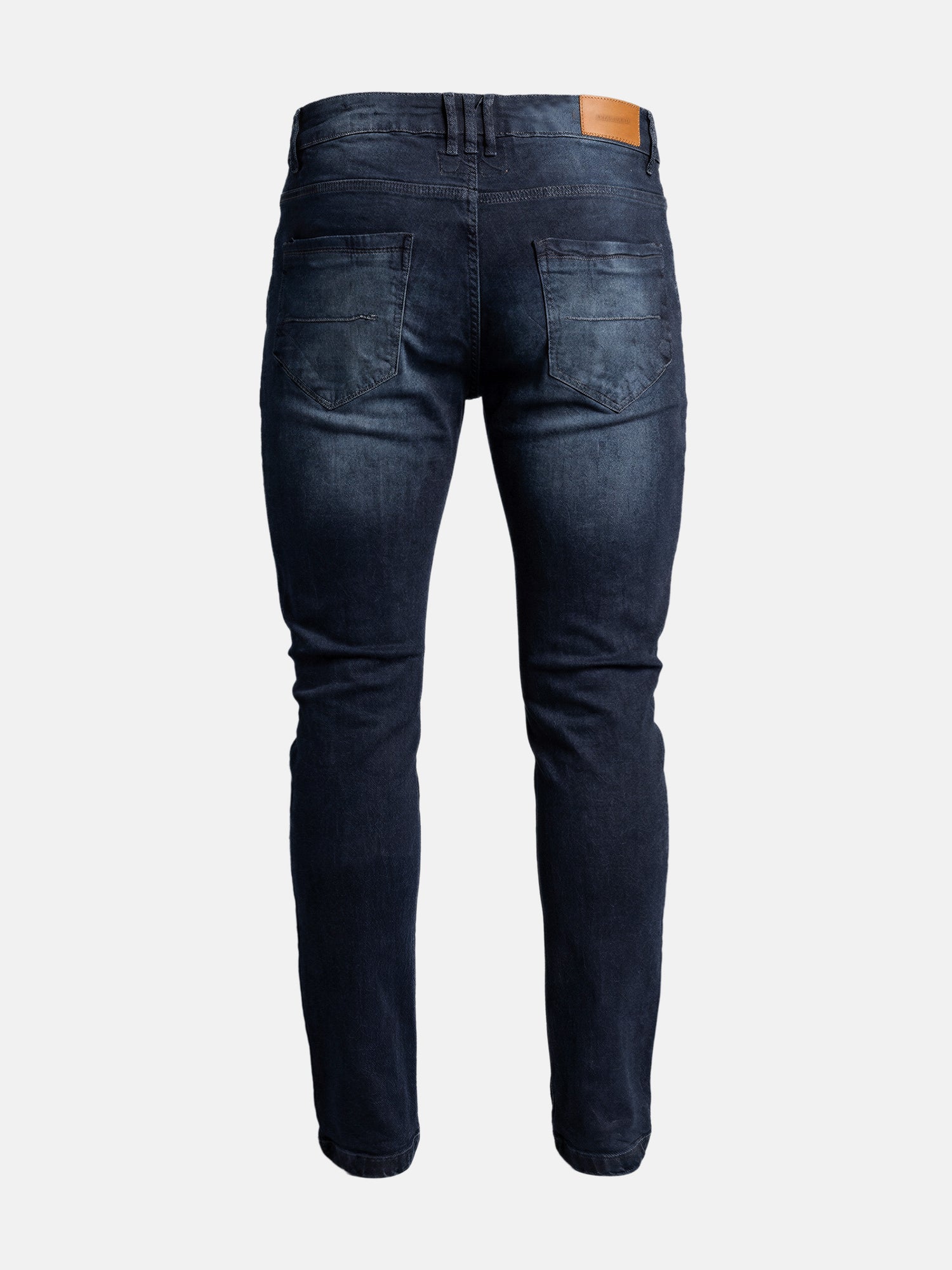Back view of navy men’s jeans with slim fit, five-pocket design, and classic denim wash.