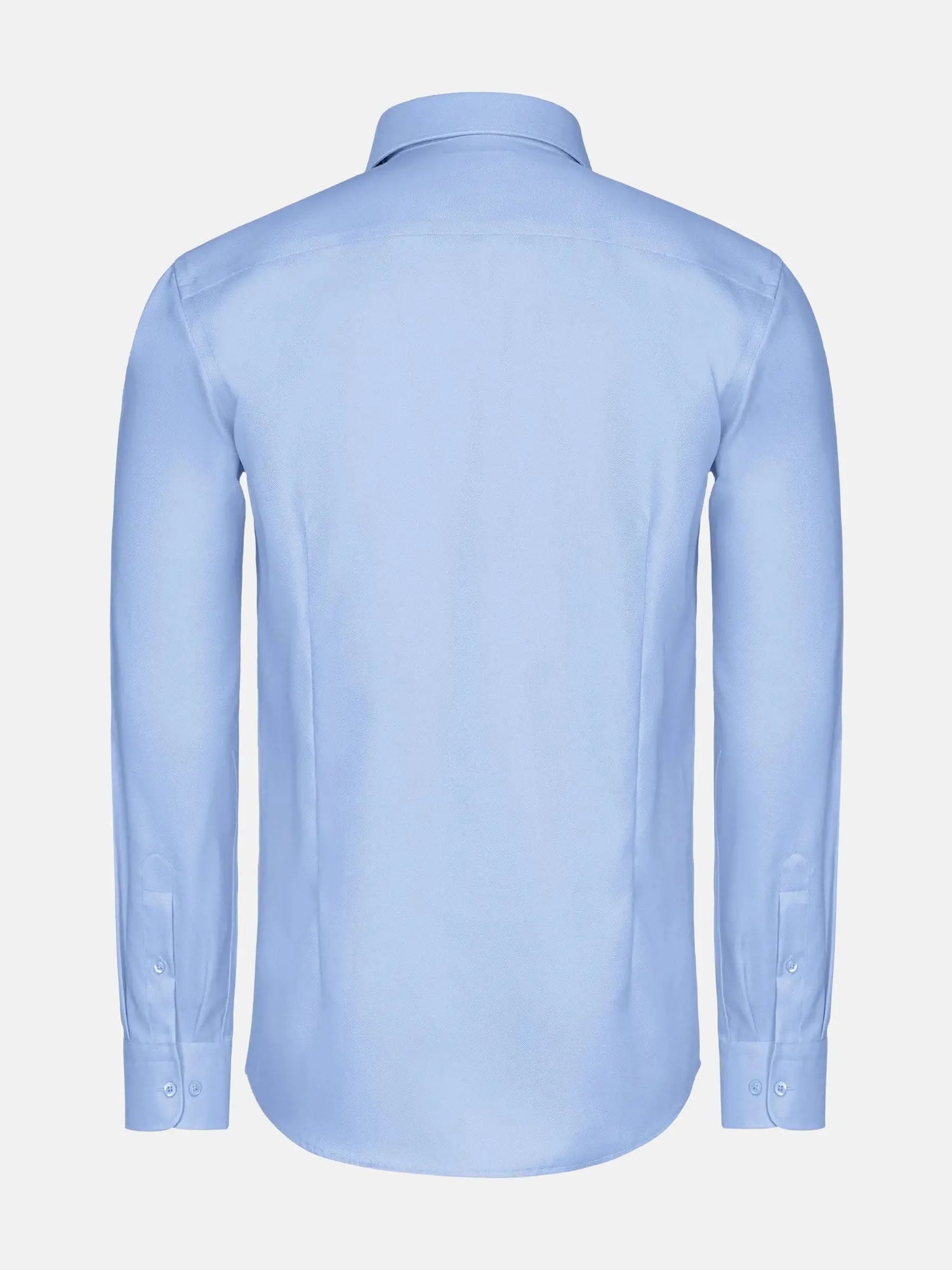Back view of blue men’s dress shirt with long sleeves.