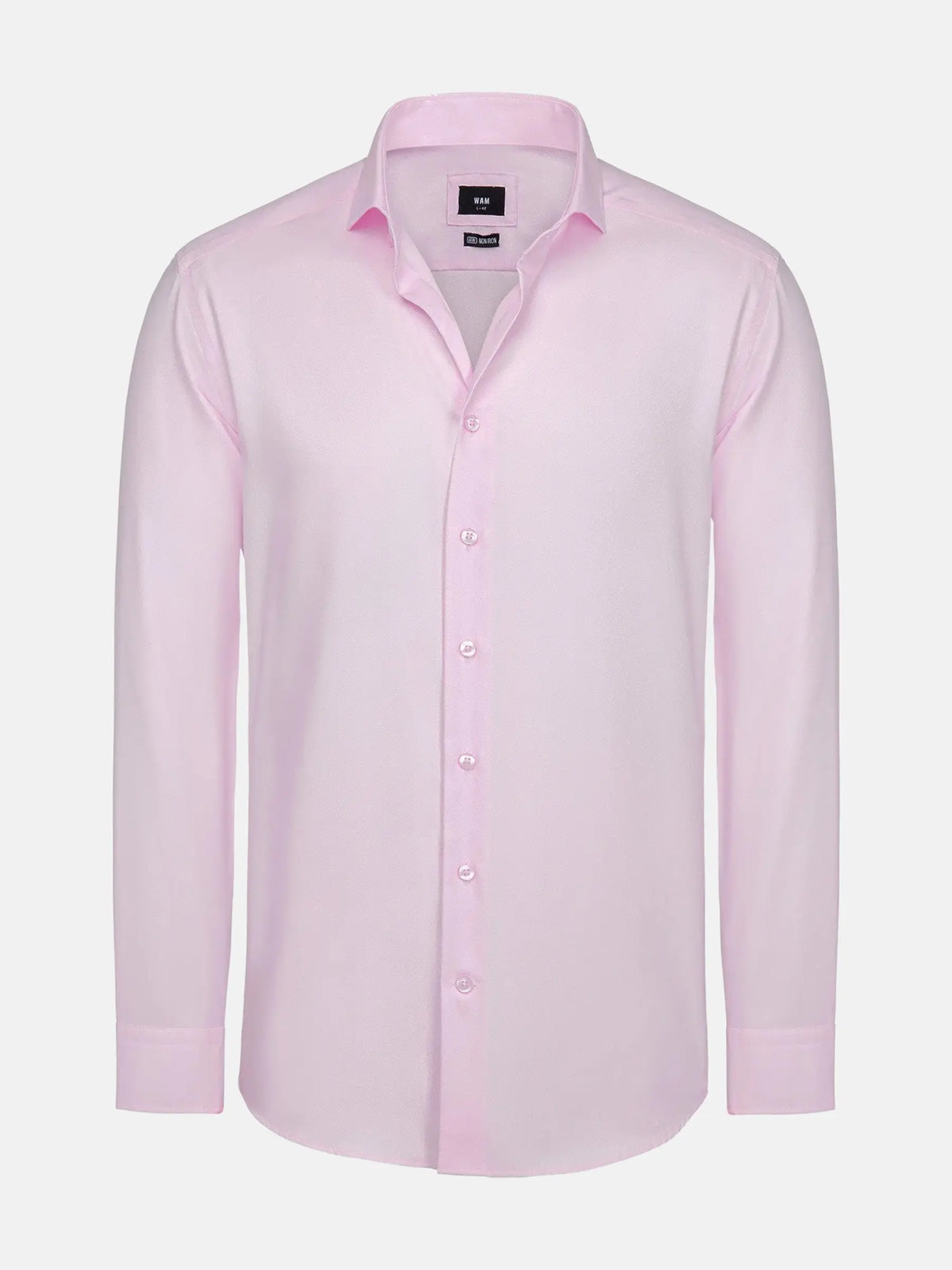 Pink men’s dress shirt with long sleeves and button-up front.
