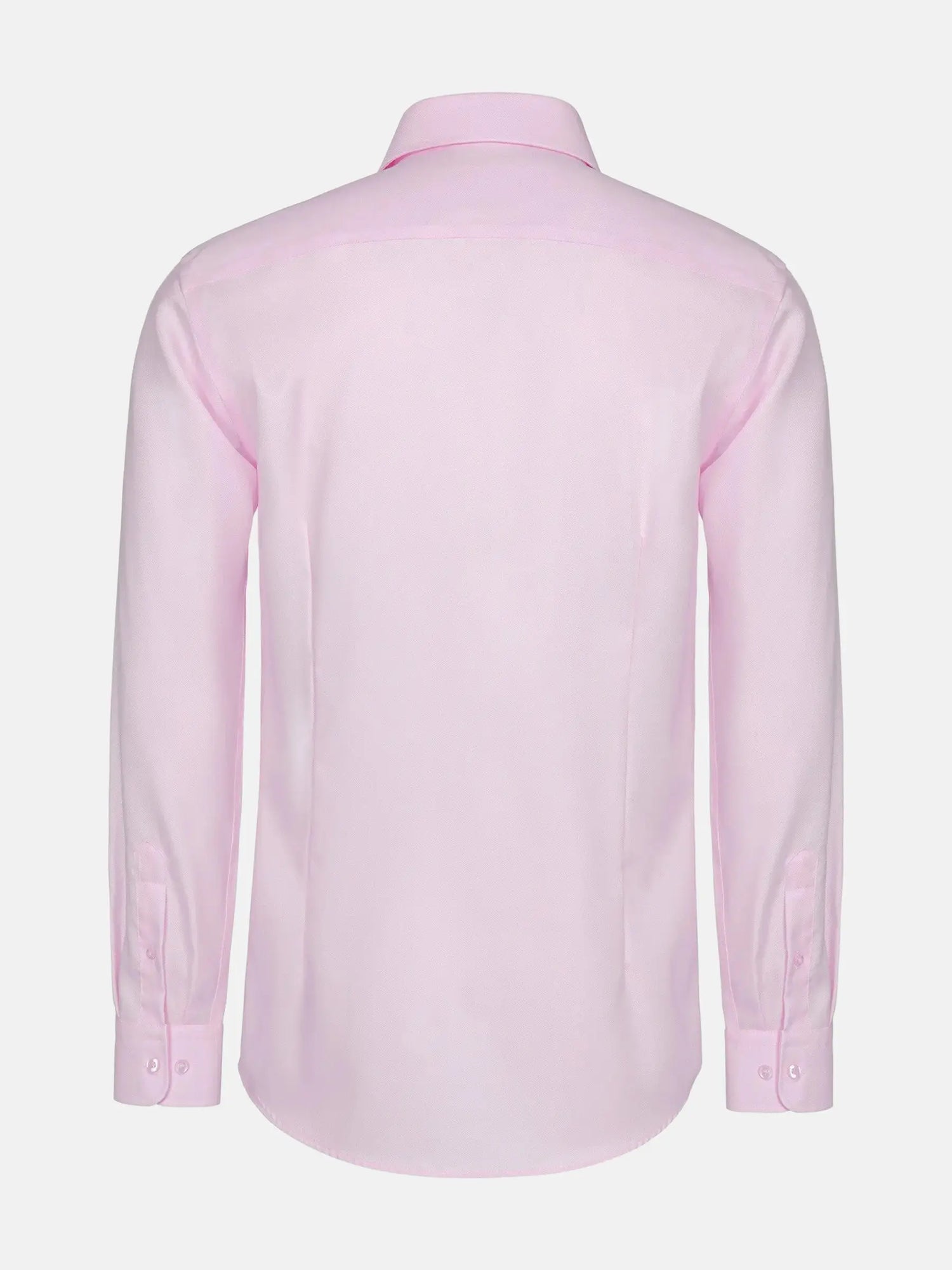 Back view of pink men’s dress shirt with long sleeves.