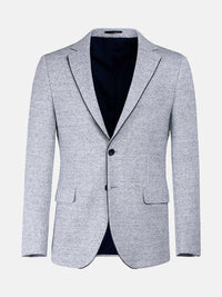 Light white-navy textured blazer with two buttons and notch lapels, modern menswear style.