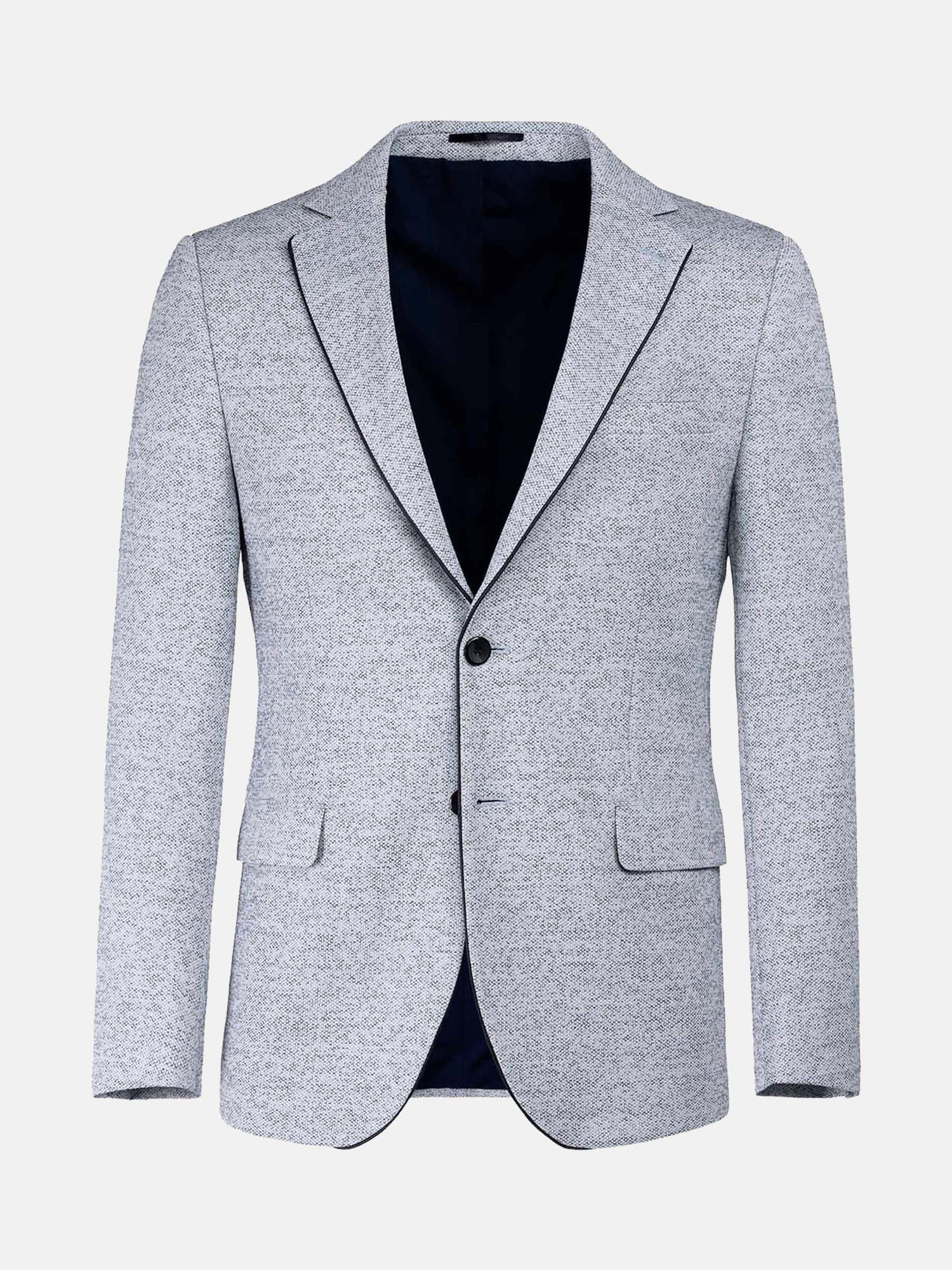 Light white-navy textured blazer with two buttons and notch lapels, modern menswear style.