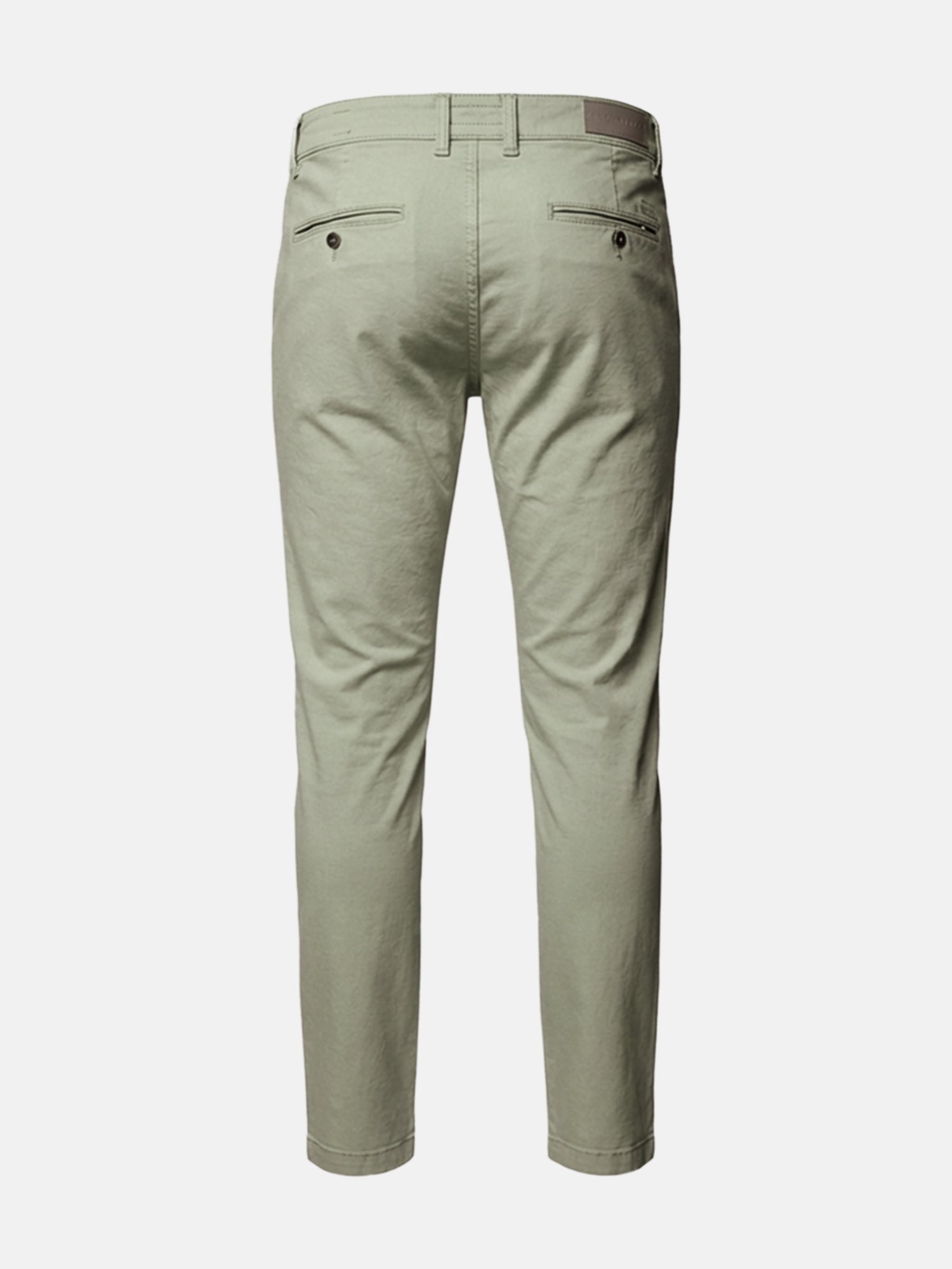 Back view of light green men’s chino pants with slim fit and buttoned rear pockets.