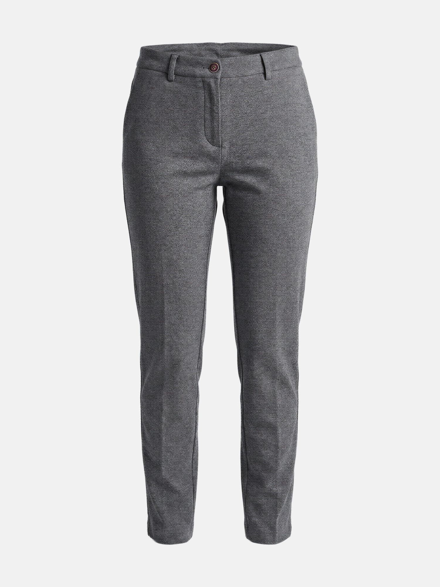Grey slim-fit men's pantalon with button closure and belt loops, showcasing modern tailored trousers.
