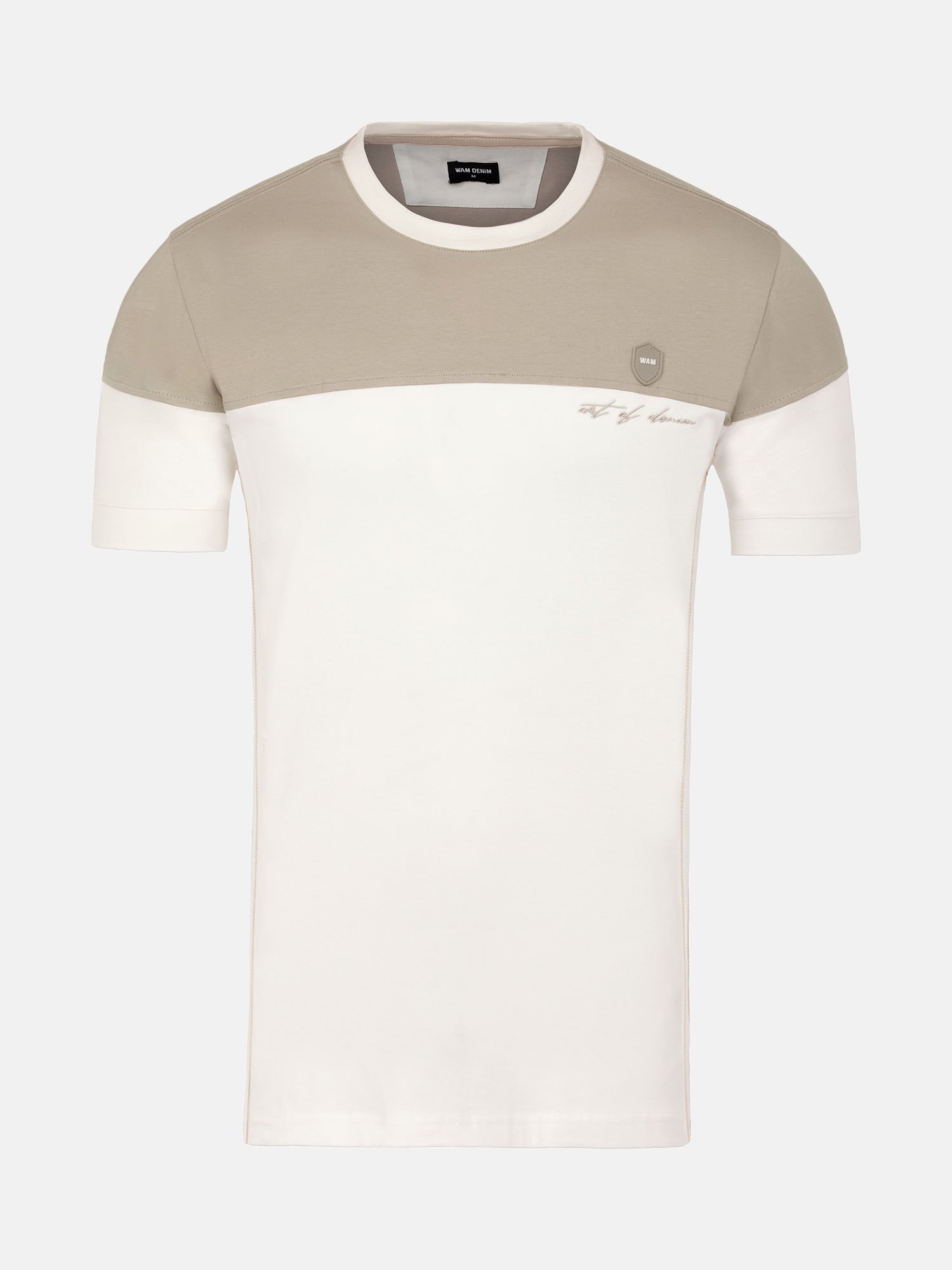 Off-white men’s T-shirt with beige panel design and short sleeves by Wam Denim