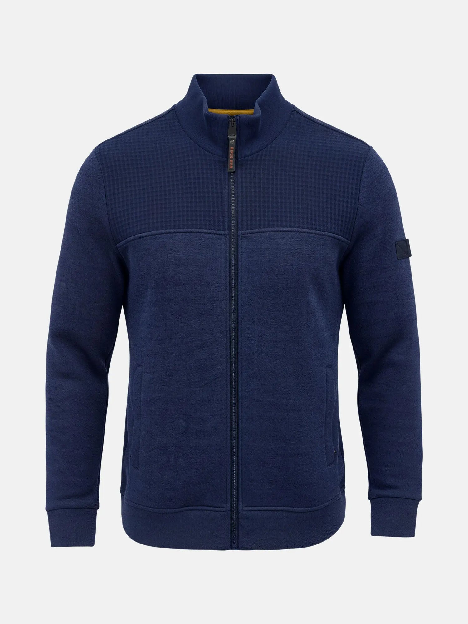 Full-zip men’s jacket with textured upper panel, Fletcher Light Indigo vest style.