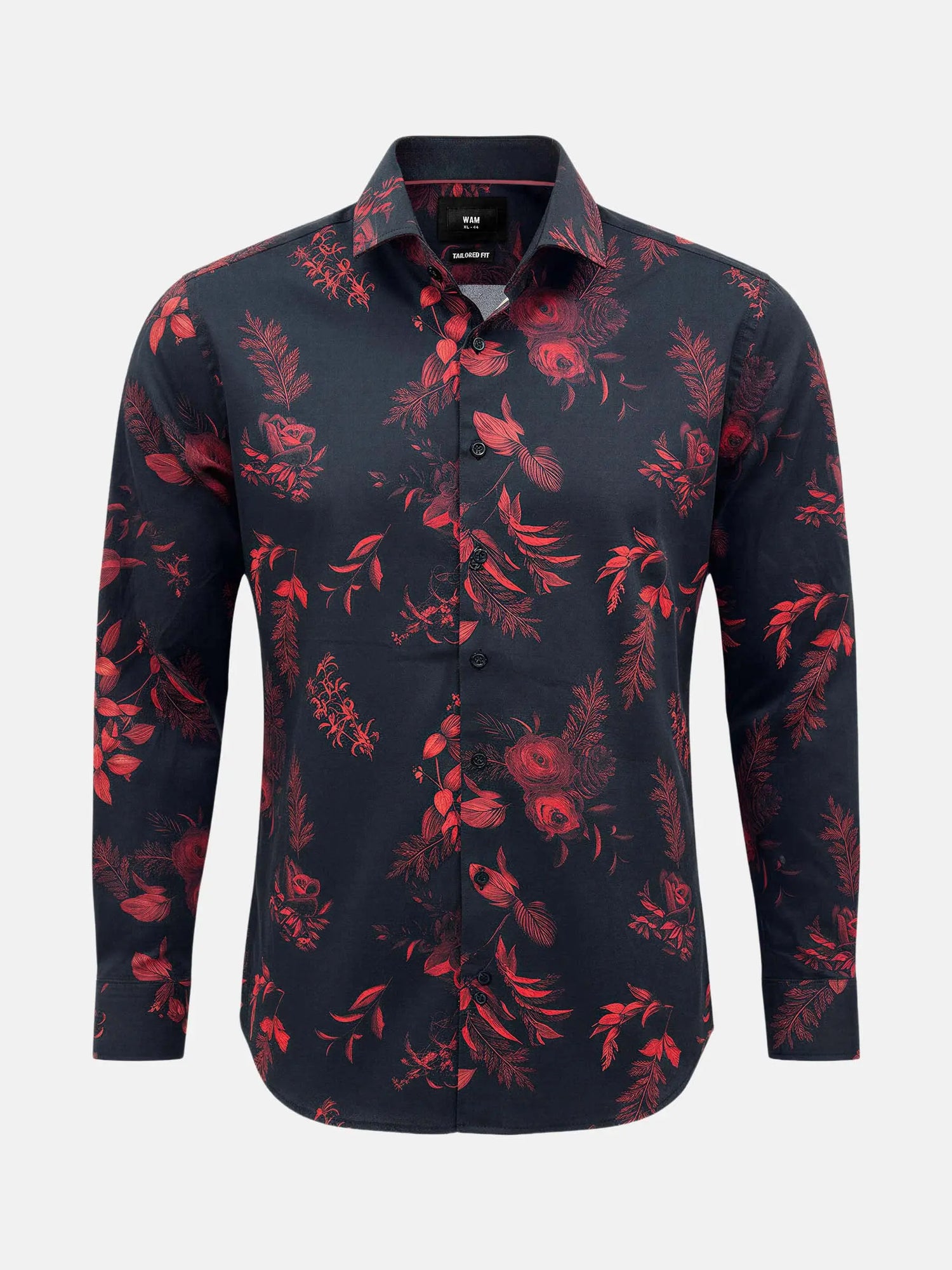 Black shirt with bold red floral print, long sleeves, tailored fit men’s shirt.
