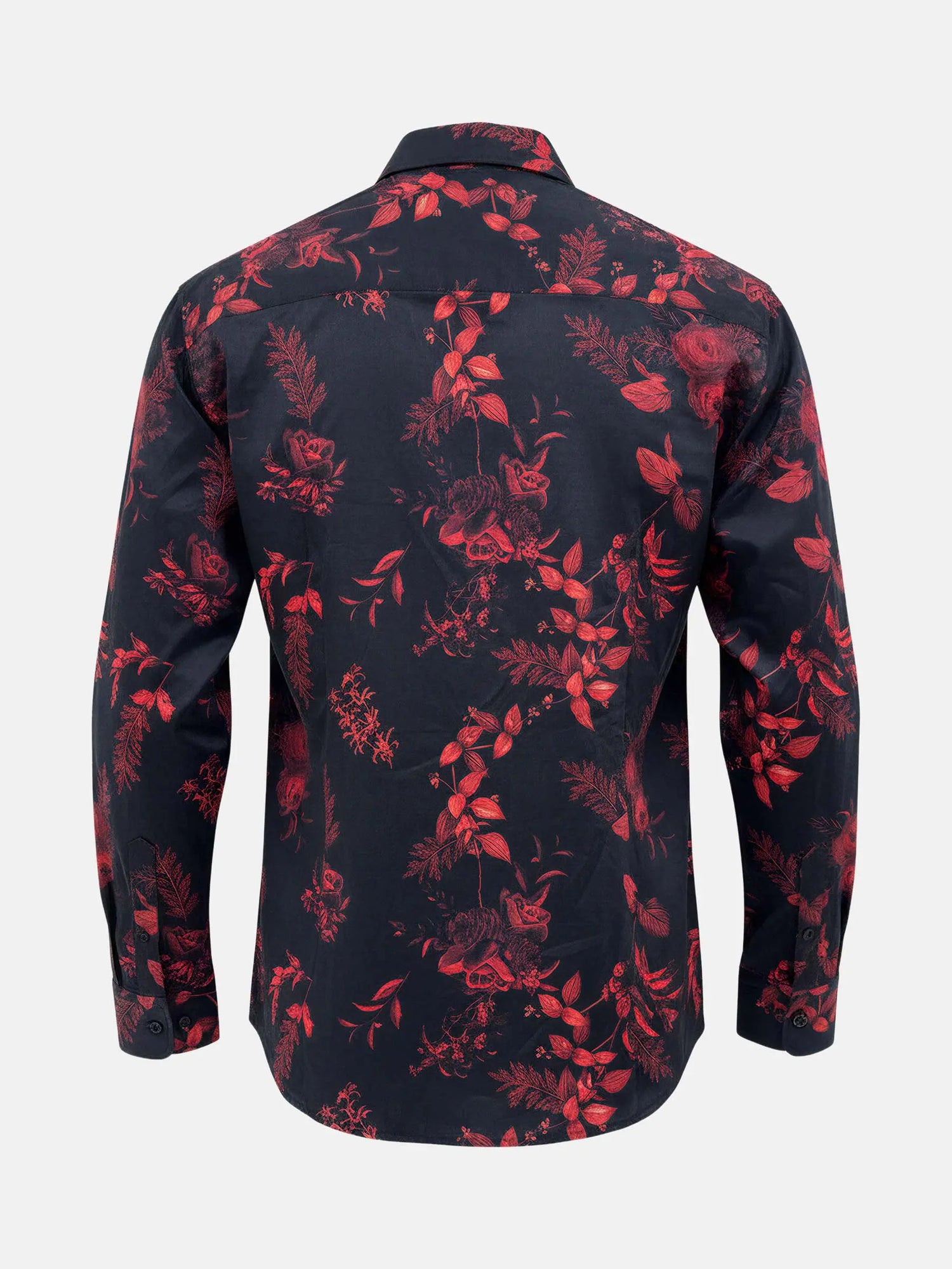 Back view of black men’s shirt with bold red floral print and long sleeves.