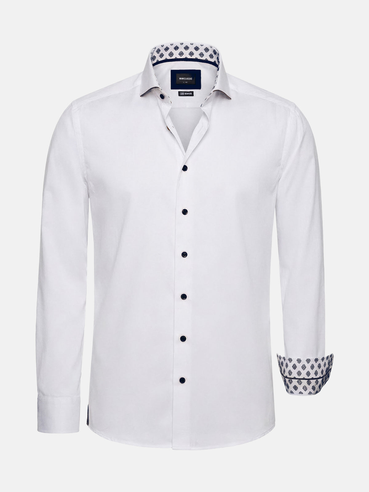 White slim fit men’s dress shirt with patterned collar and cuffs