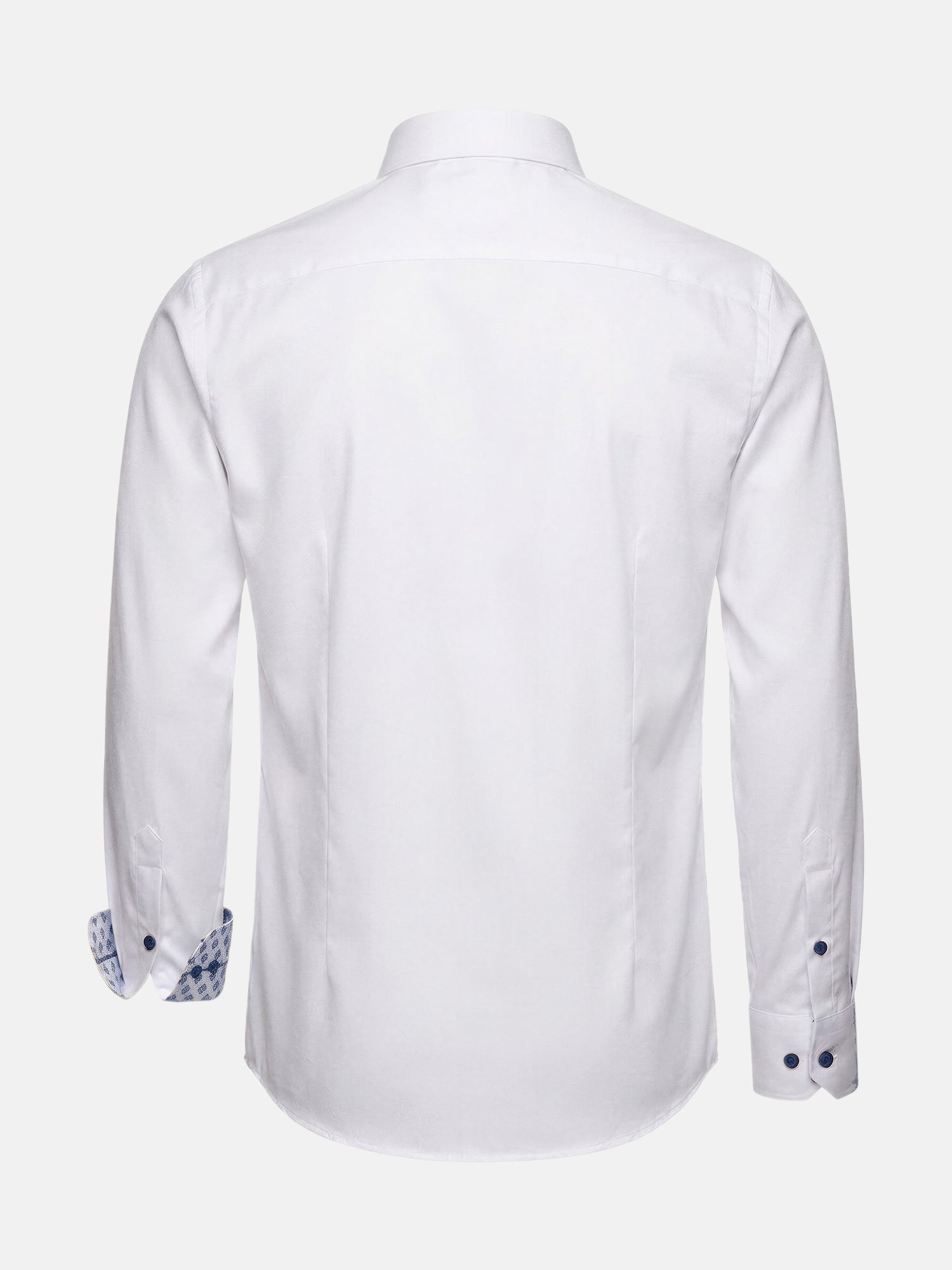 Back view of white slim fit men’s dress shirt with long sleeves