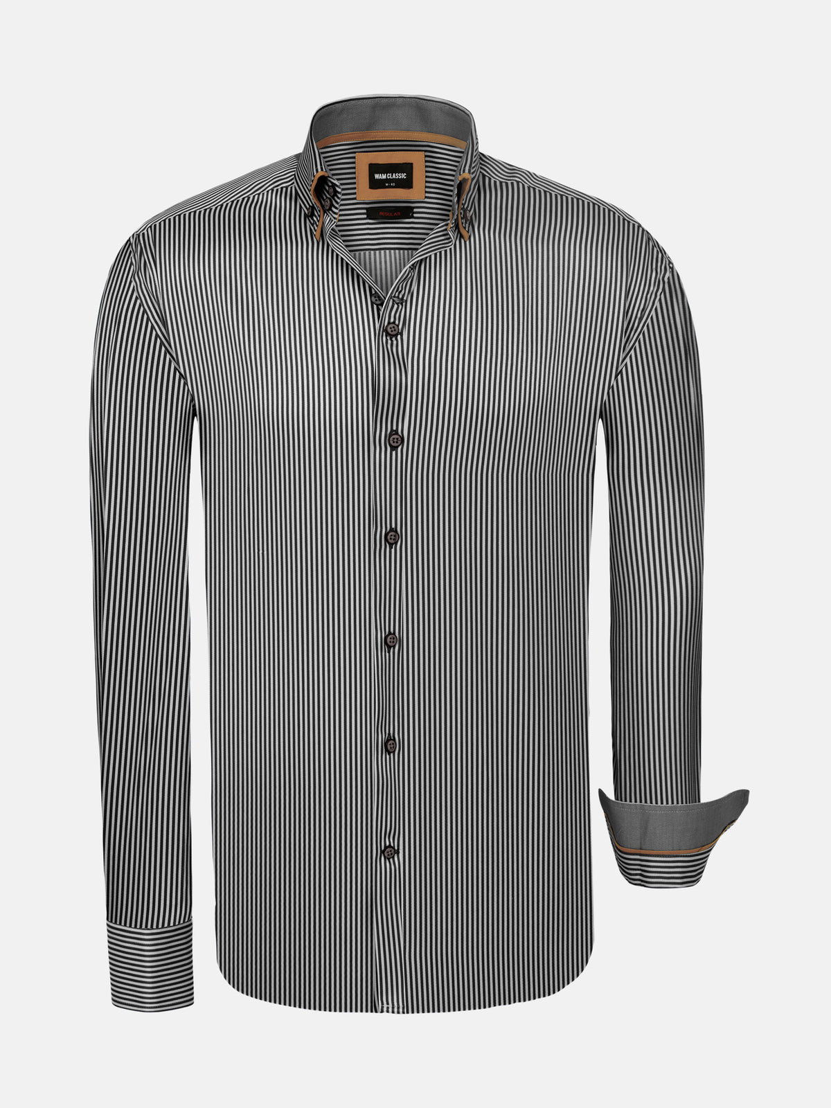 Men’s black striped long sleeve shirt with button-down collar