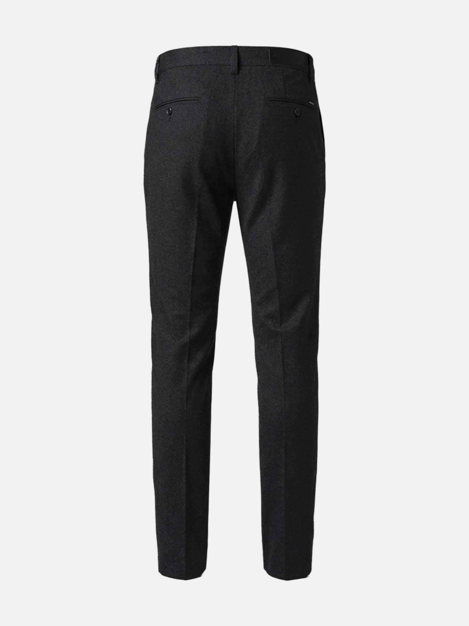 Back view of dark grey men’s chino trousers with tailored fit and rear pockets.