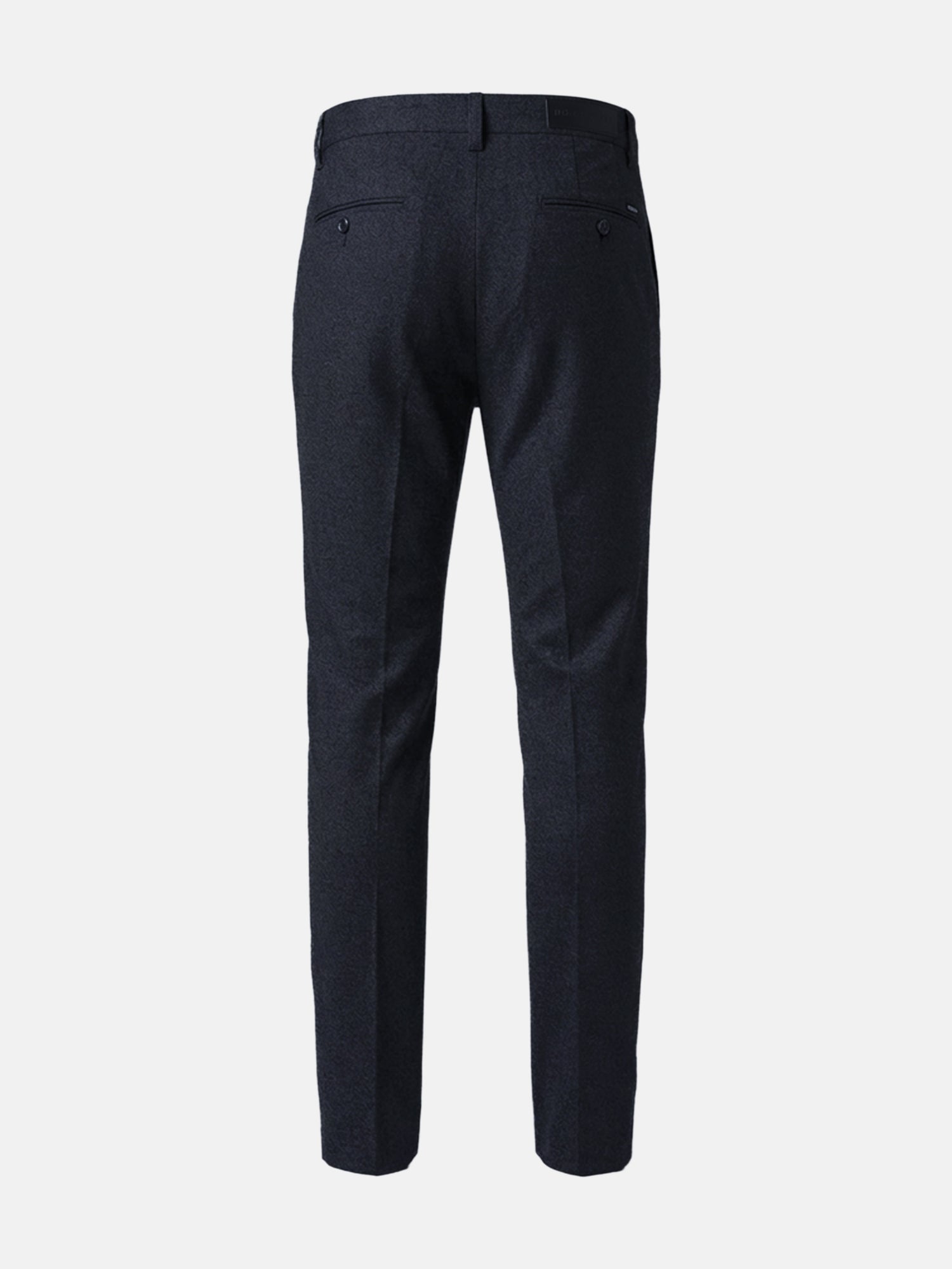 Back view of dark navy men’s chino trousers with tailored fit and rear pockets.
