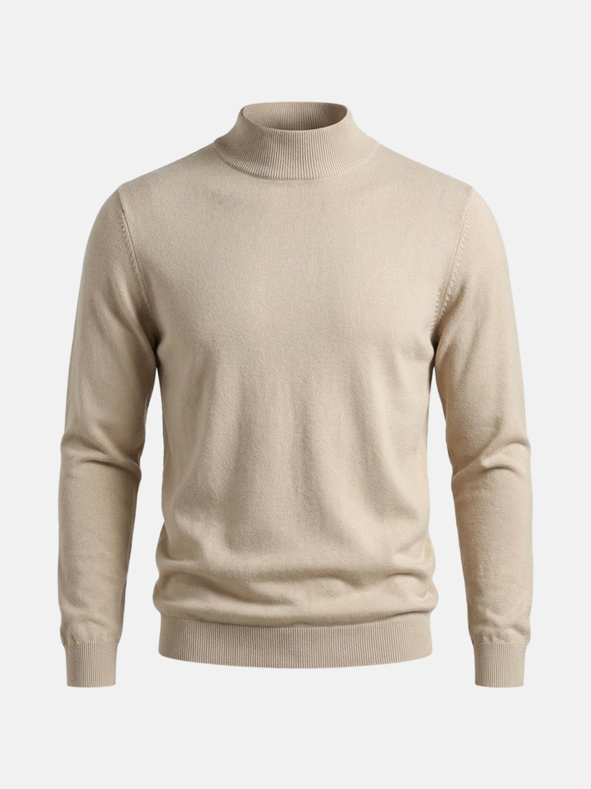 Beige men’s pullover with mock-neck design displayed on a plain white background.
